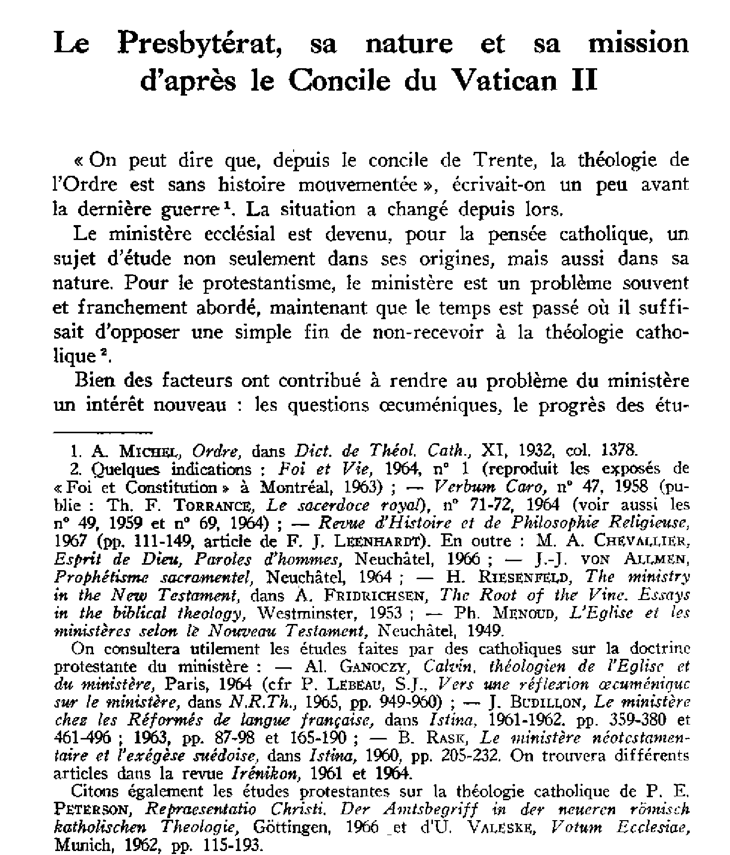 Le Presbytérat, sa nature et sa mission d'après le Concile du Vatican II