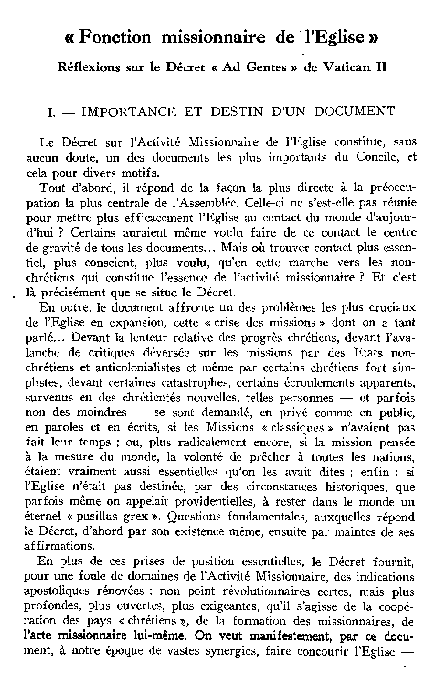 «Fonction missionnaire de l'Église». Réflexion sur le Décret Ad gentes de Vatican II (à suivre)