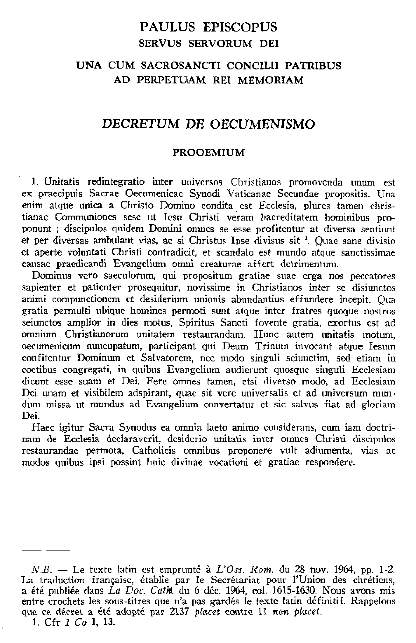 Décret sur l'oecuménisme. Texte latin et traduction française