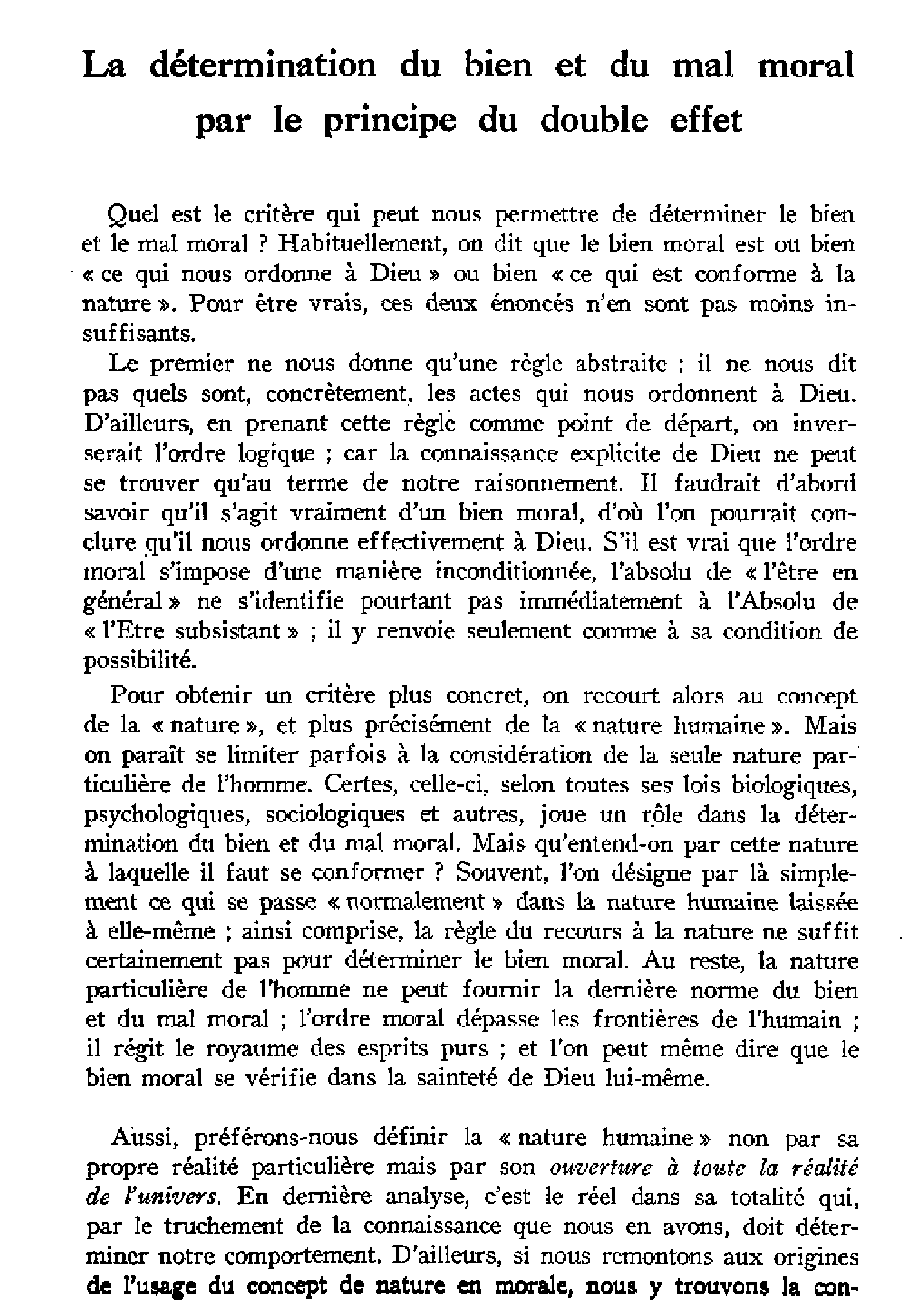 La détermination du bien et du mal moral par le principe du double effet