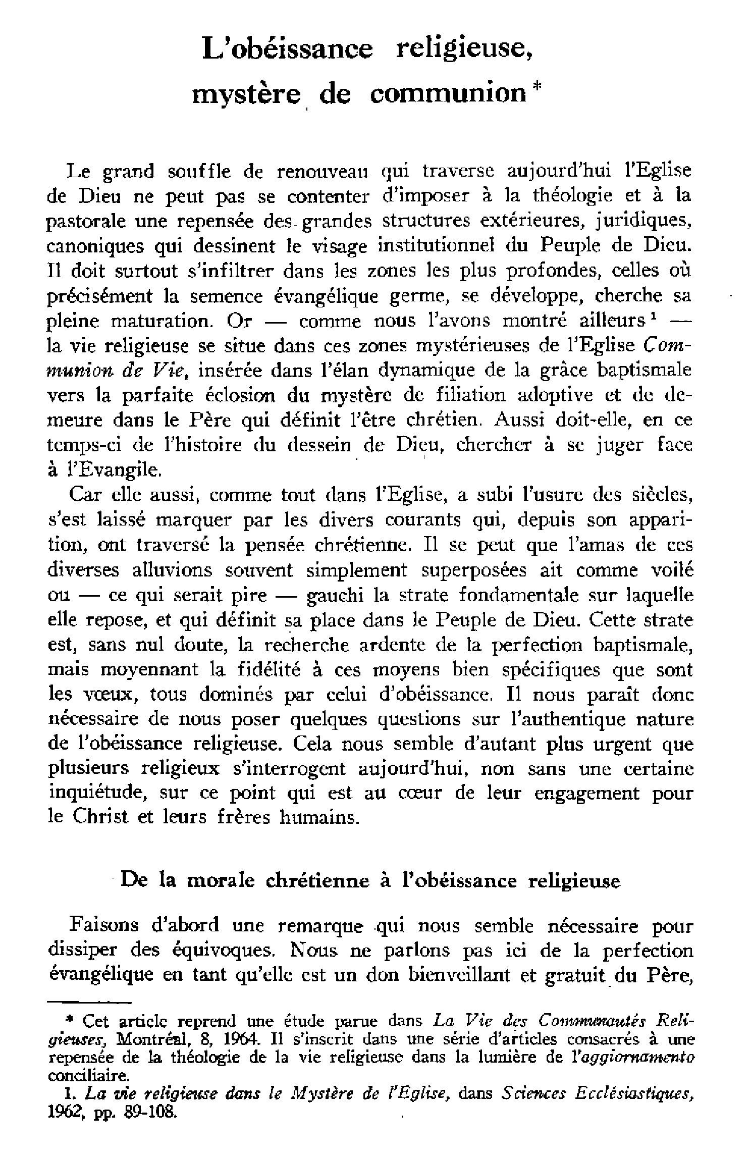 L'obéissance religieuse, mystère de communion