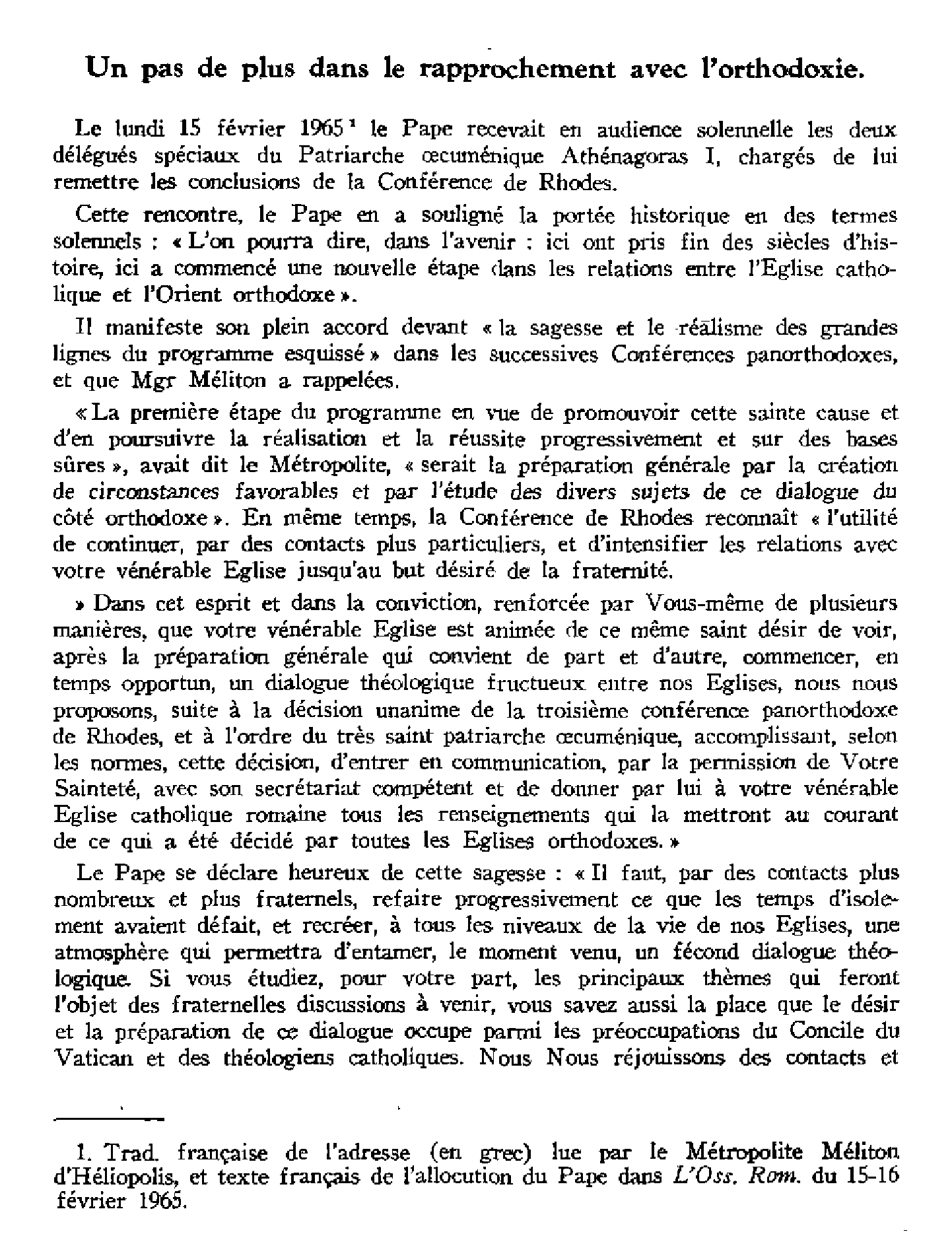 À travers les discours de Paul VI