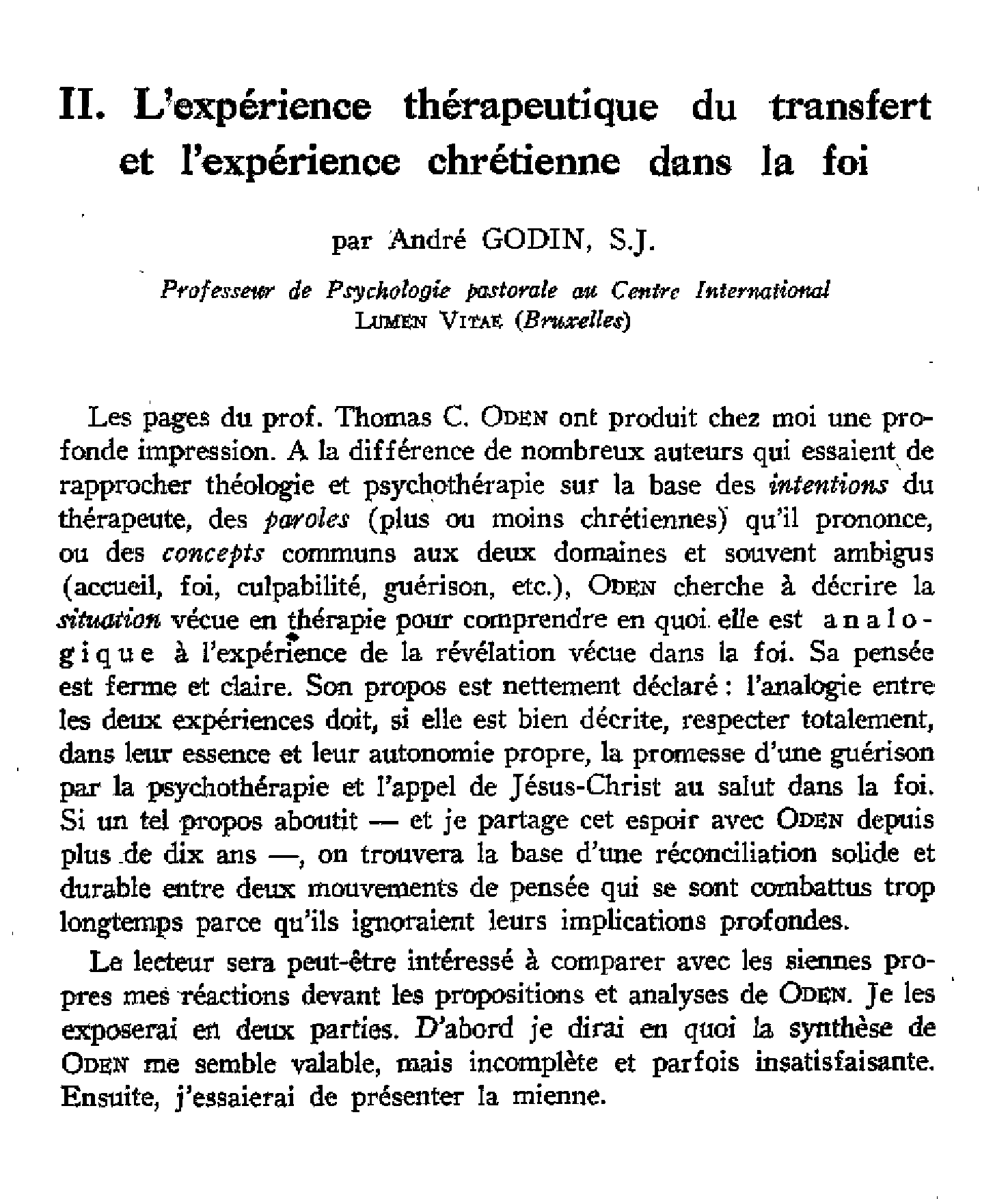 L'expérience thérapeutique du transfert et l'expérience chrétienne dans la foi
