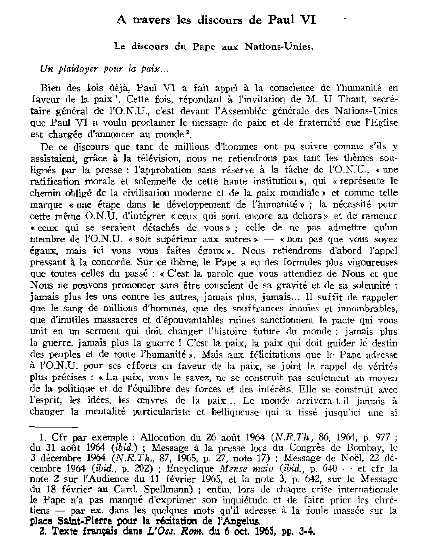 À travers les discours de Paul VI