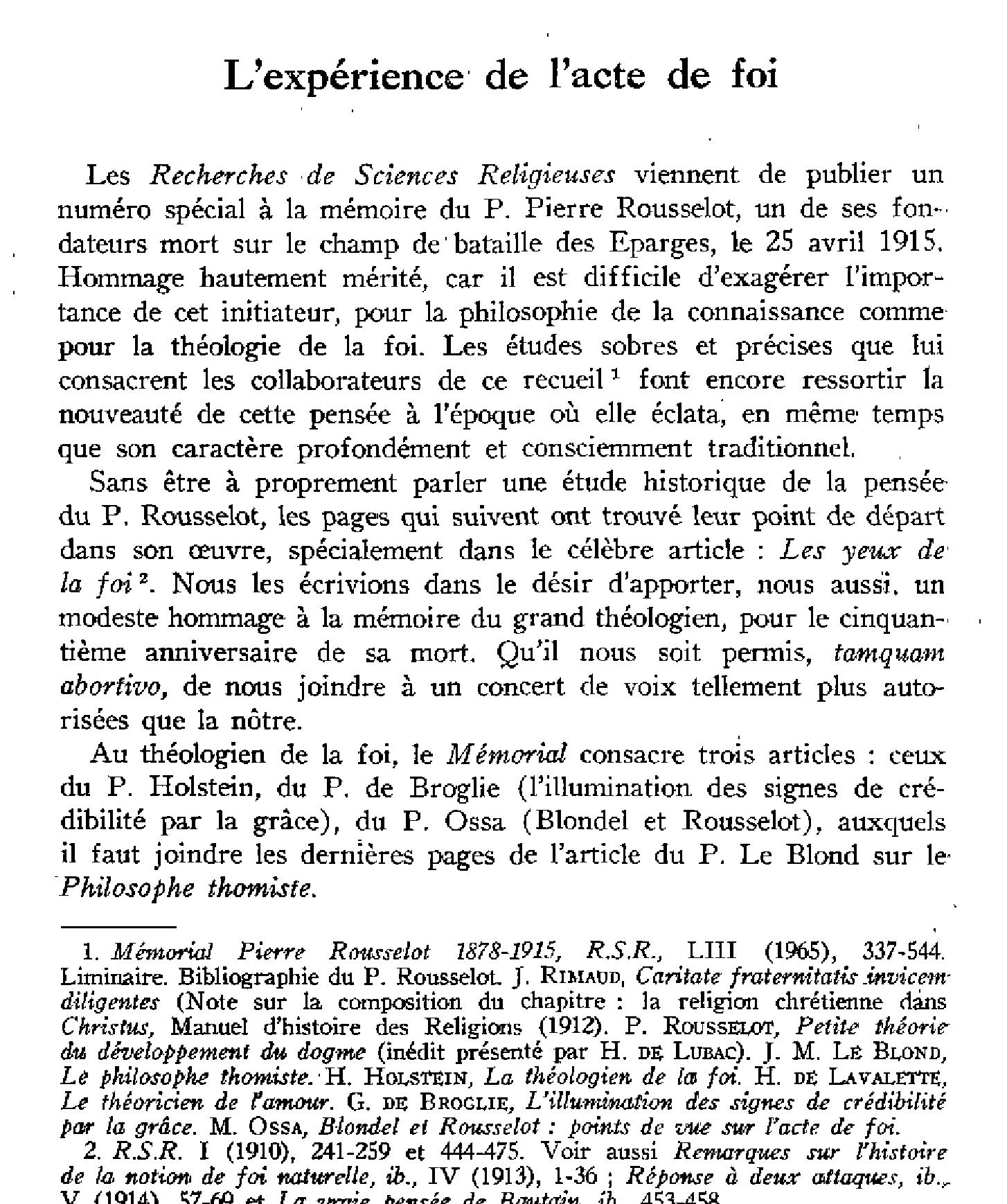 L'expérience de l'acte de foi