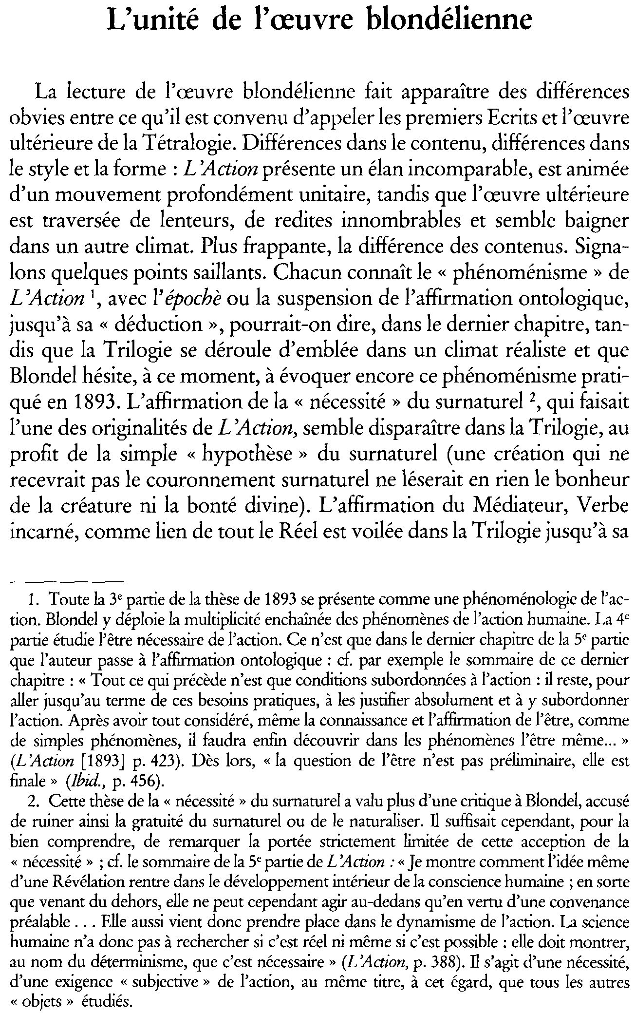 L'unité de l'oeuvre blondélienne