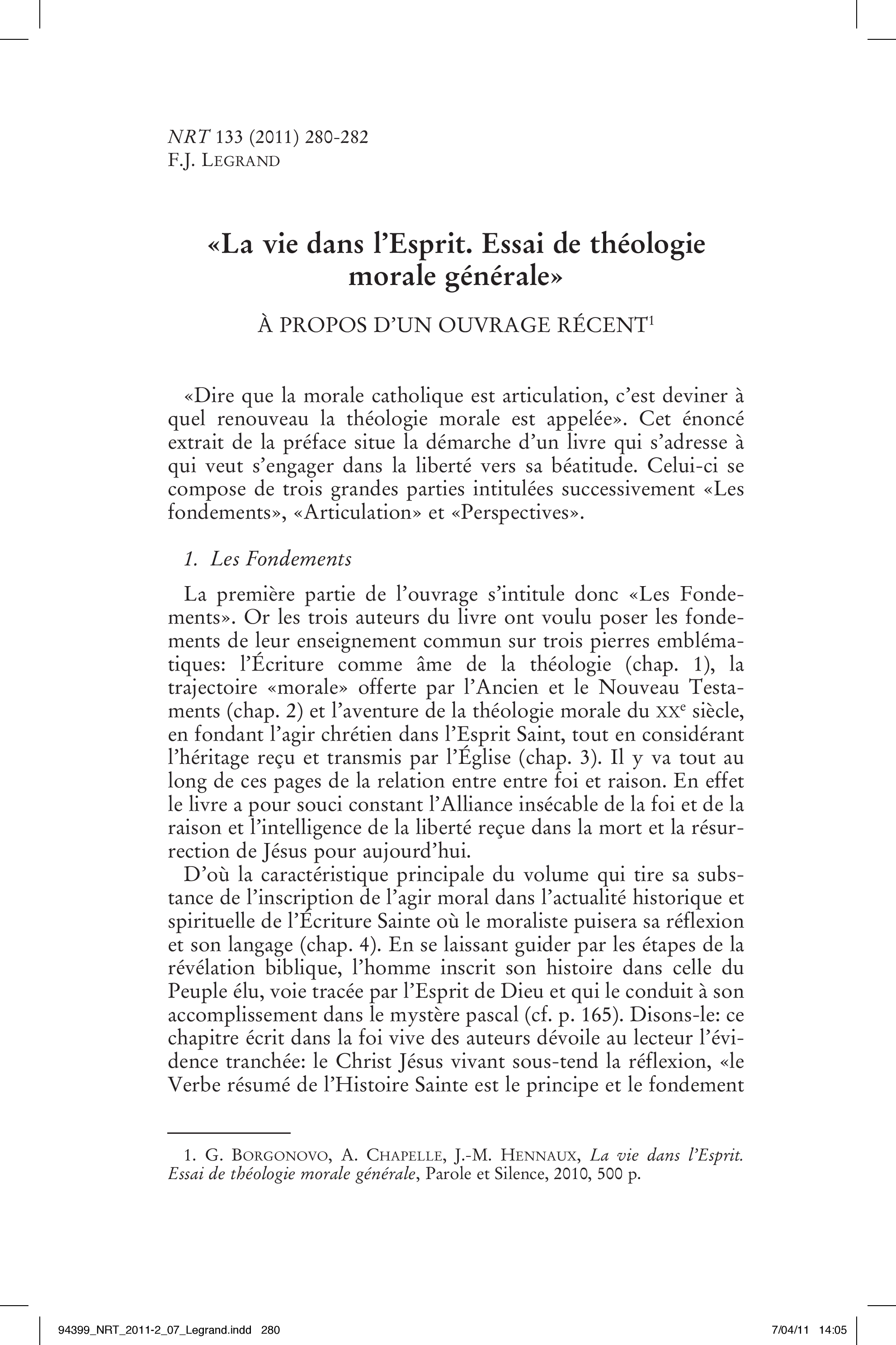 «La vie dans l'Esprit. Essai de théologie morale générale». À propos d'un ouvrage récent