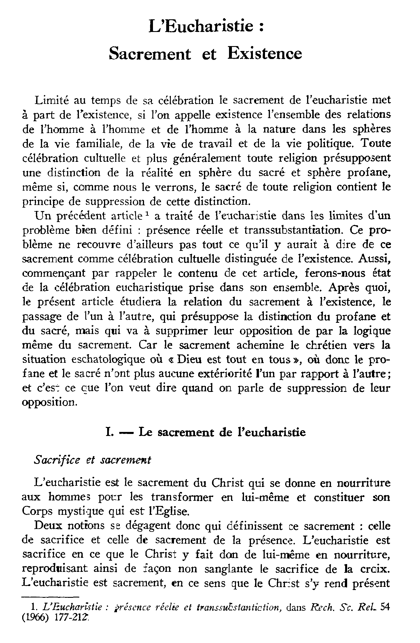 L'Eucharistie: sacrement et existence
