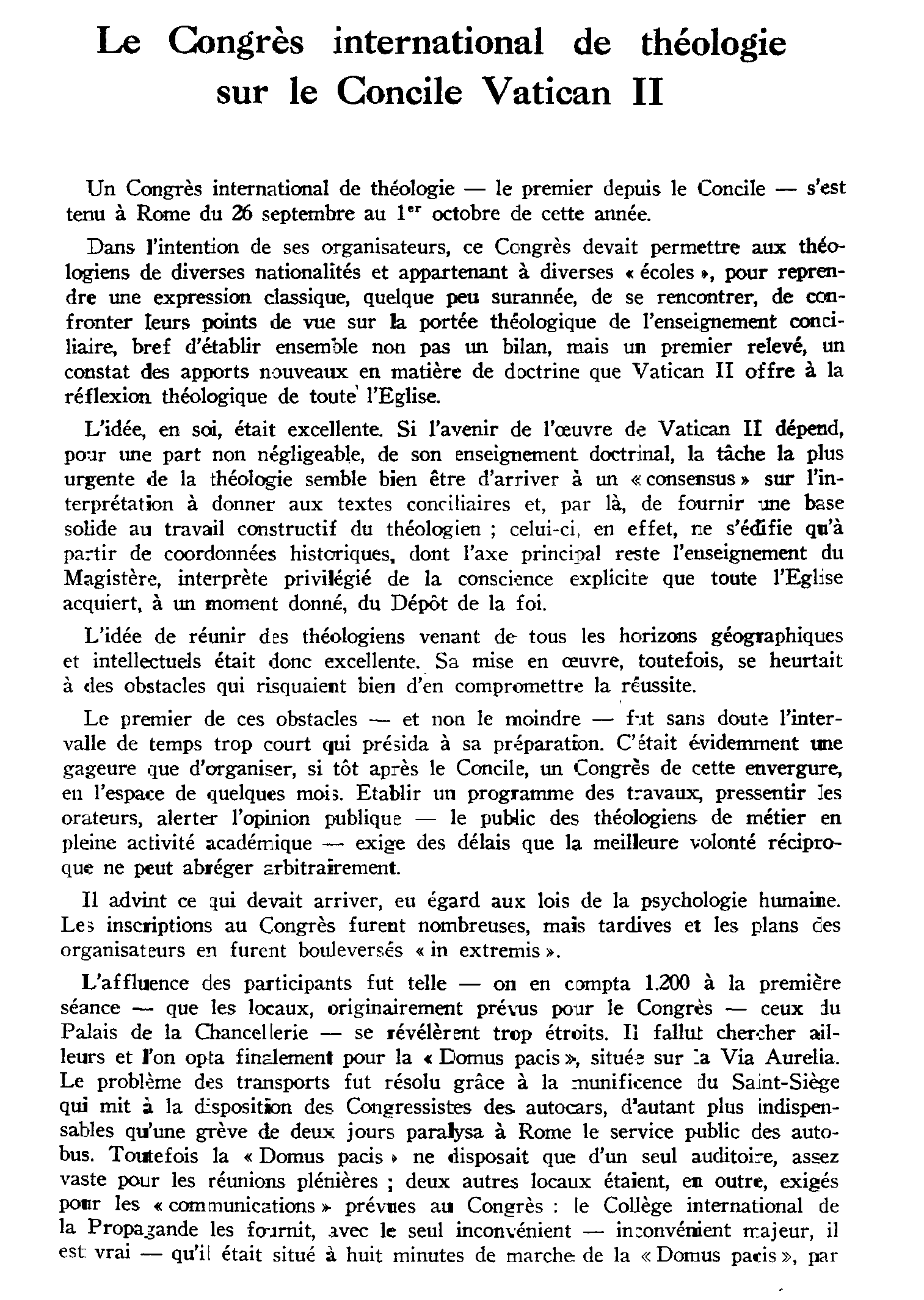 Le Congrès international de théologie sur le Concile Vatican II