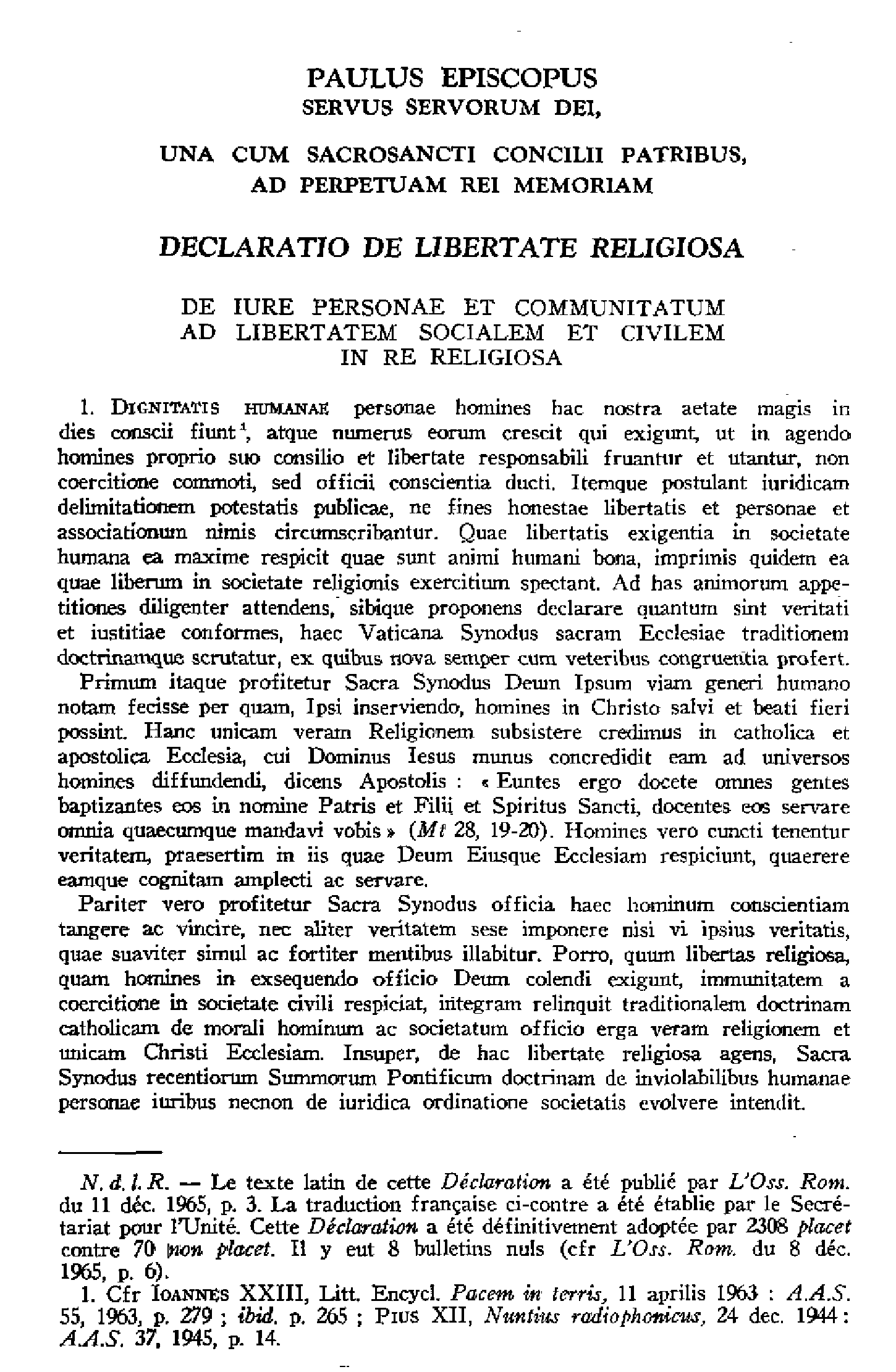 Déclaration sur la liberté religieuse. Texte latin et traduction française