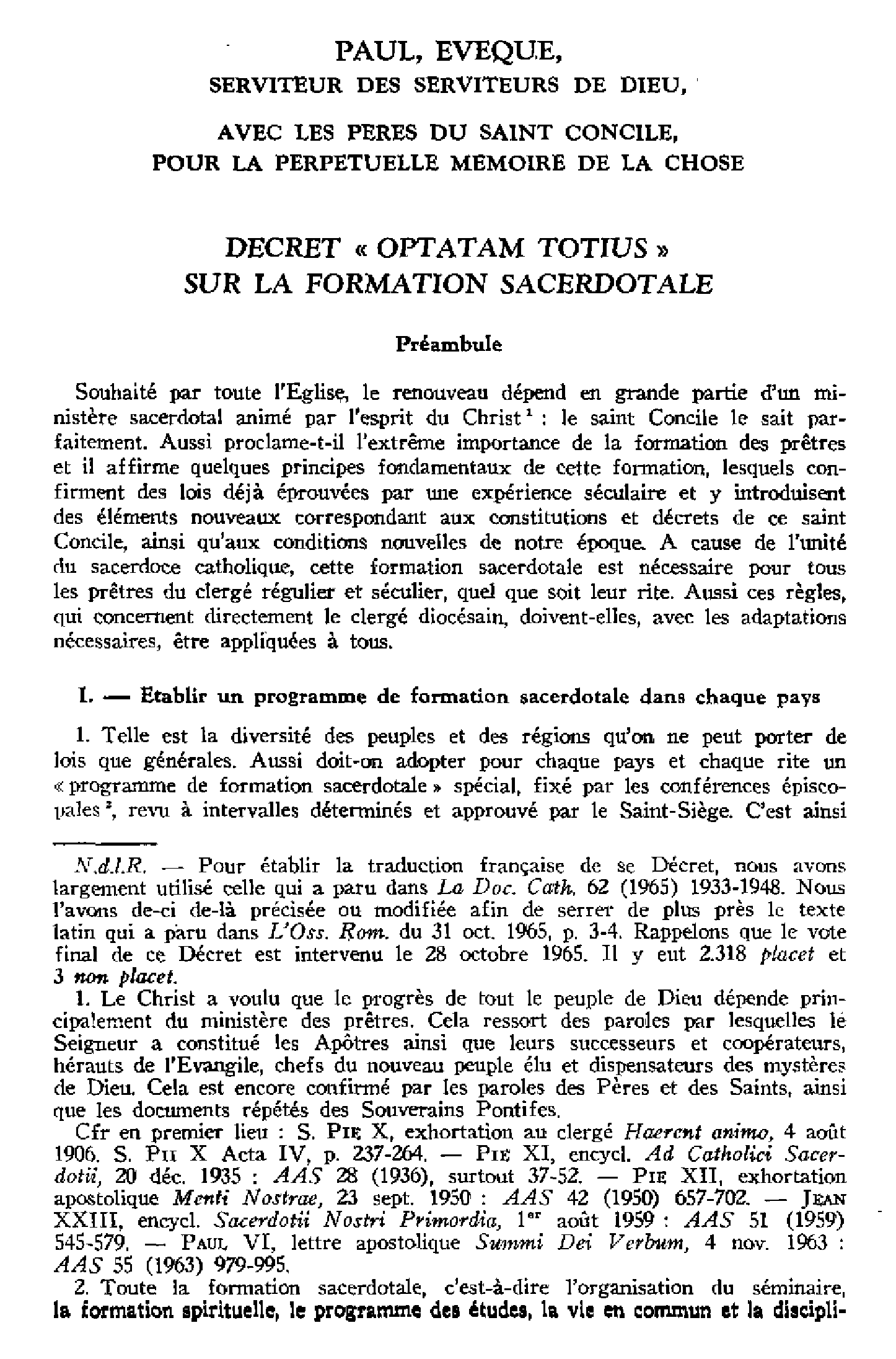 Décret Optatam totius sur la formation sacerdotale. Traduction française