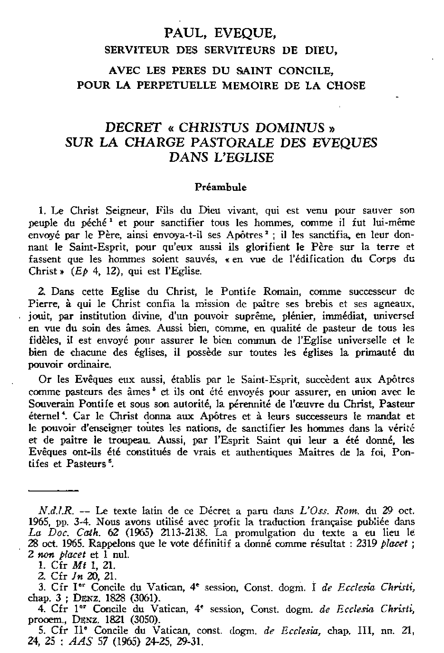 Décret Christus Dominus sur la charge pastorale des évêques dans l'Église. Traduction française