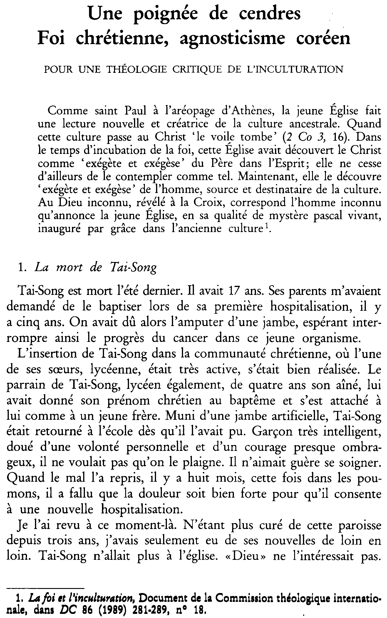 Une poignée de cendres. Foi chrétienne, agnosticisme coréen. Pour une théologie critique de l'inculturation
