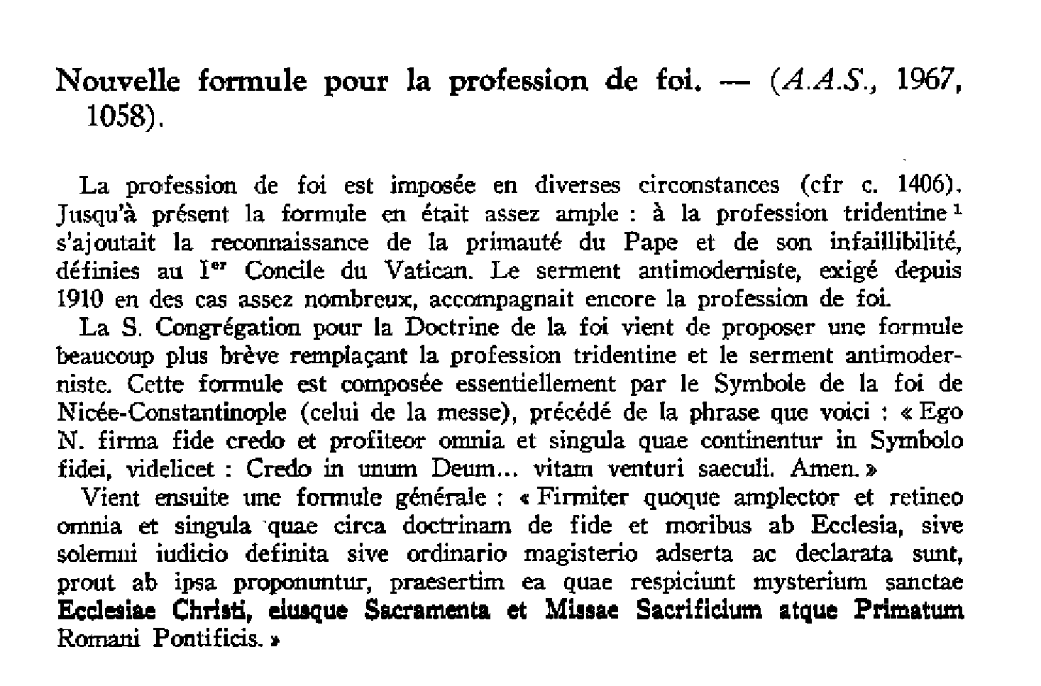 Nouvelle formule pour la profession de foi