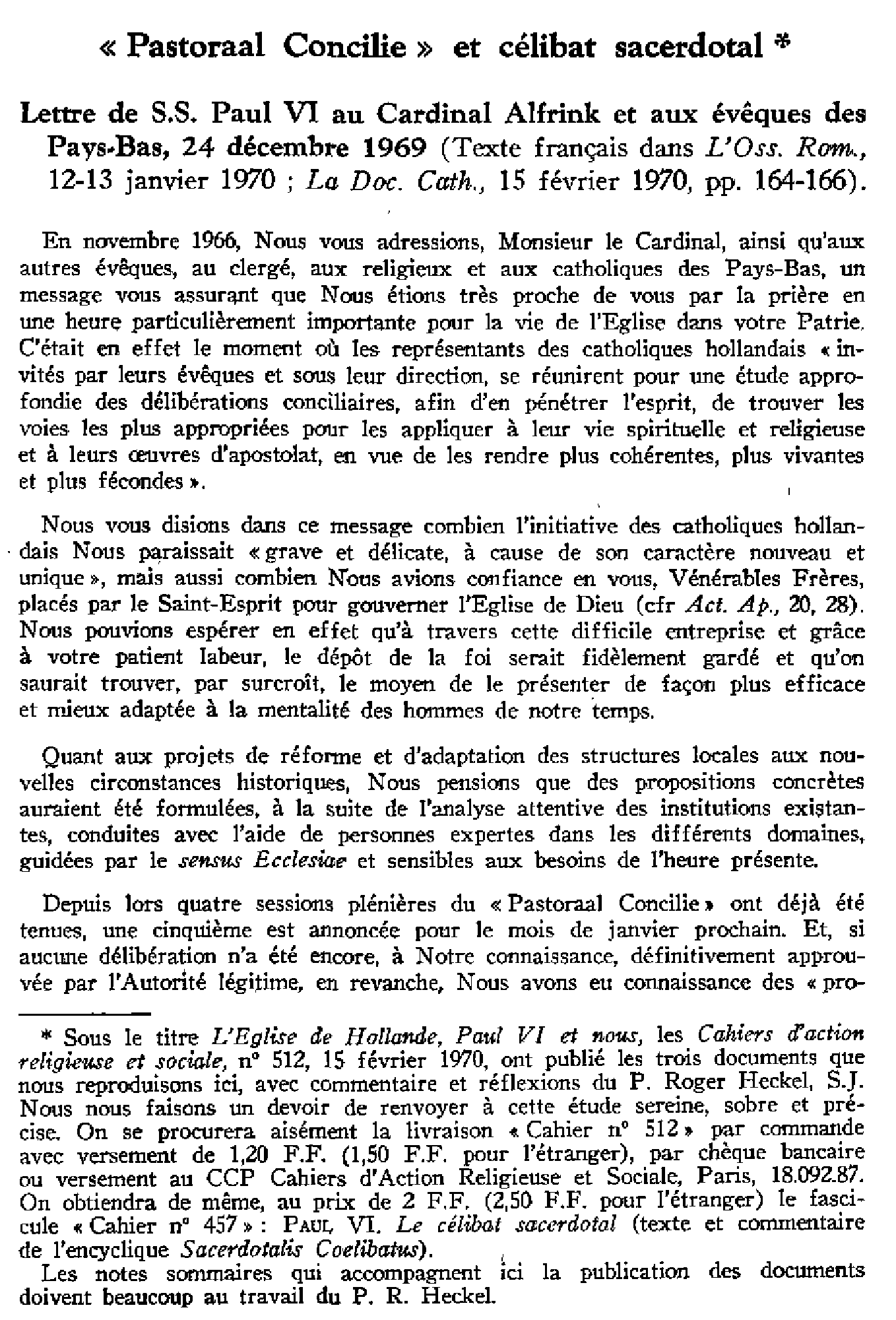 Pastoraal Concilie et célibat sacerdotal. Lettre de Paul VI et communiqué des évêques des Pays-Bas