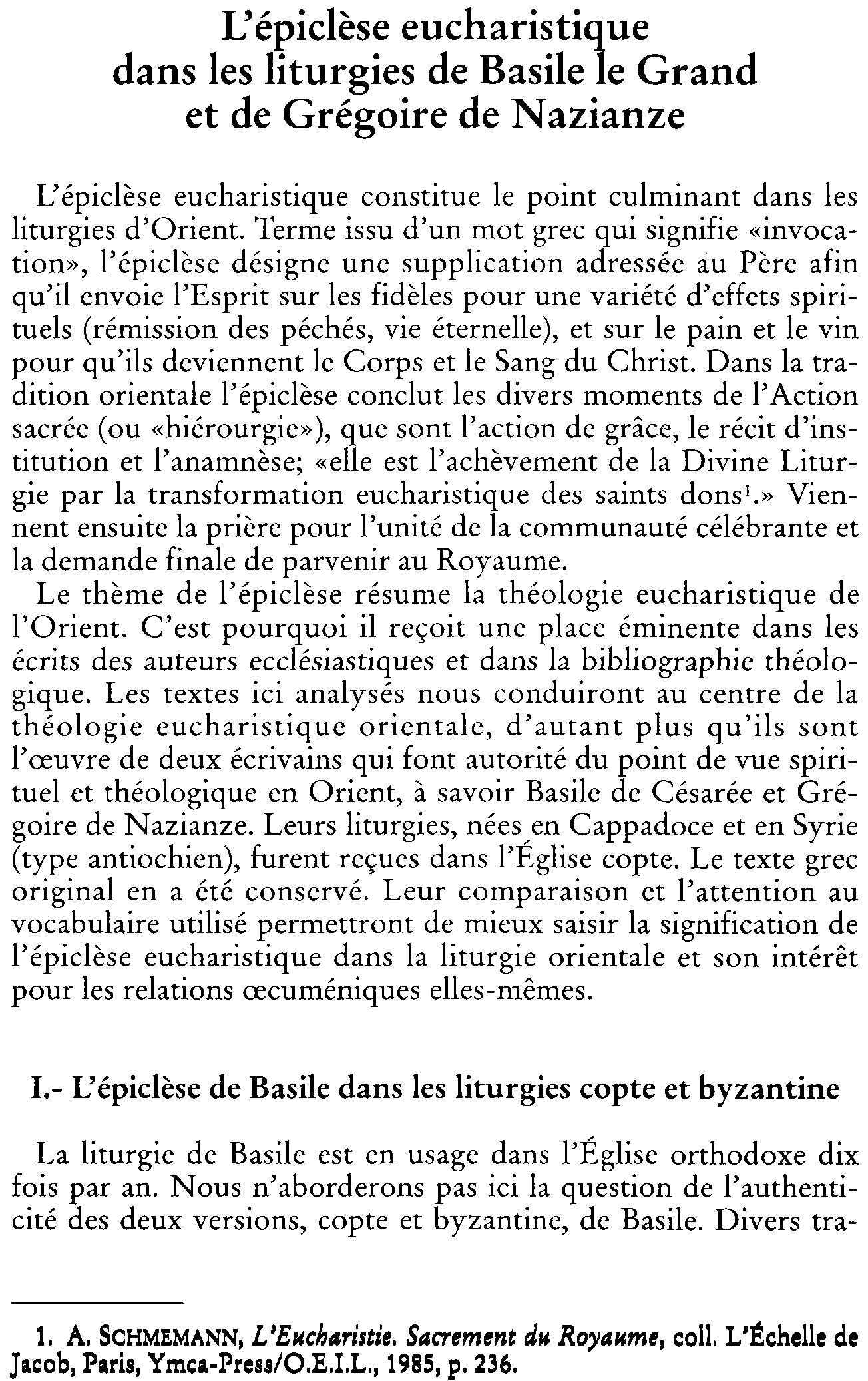 L'épiclèse eucharistique dans les liturgies de Basile le Grand et de Grégoire de Nazianze