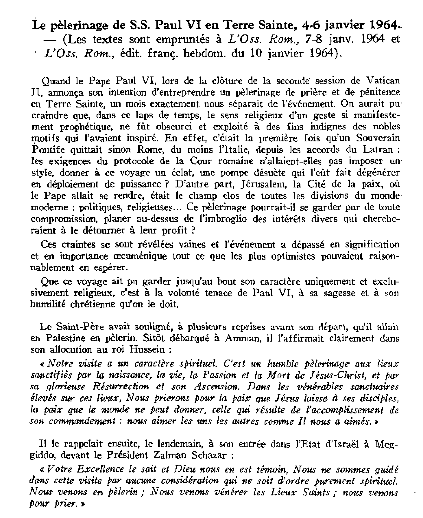 Le pèlerinage de SS Paul VI en Terre Sainte (4-6 janv. 1964)