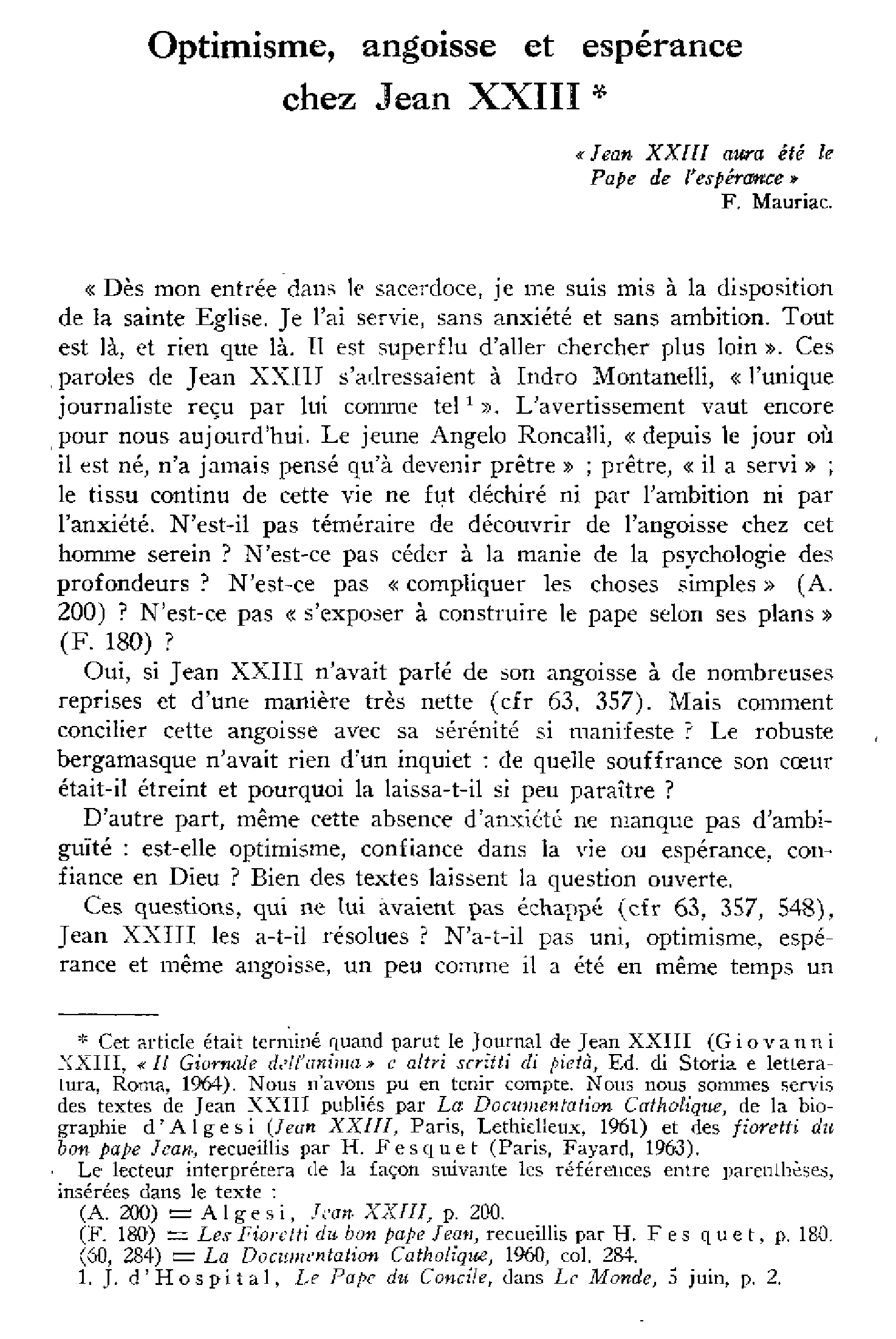 Optimisme, angoisse et espérance chez Jean XXIII