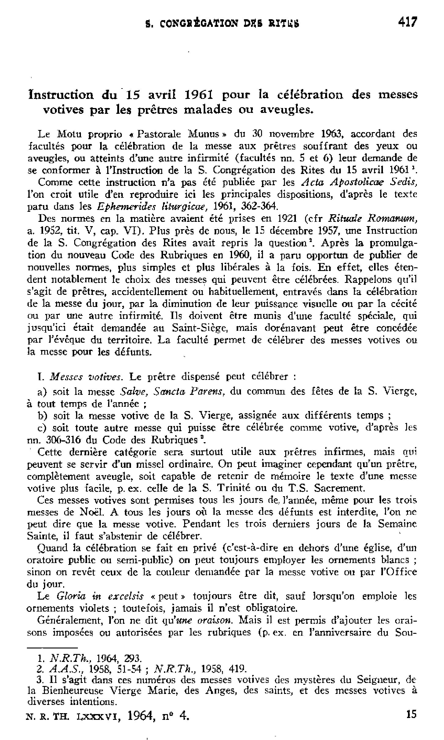 Instruction du 15 avril 1961 pour la célébration des messes votives par les prêtres malades ou aveugles