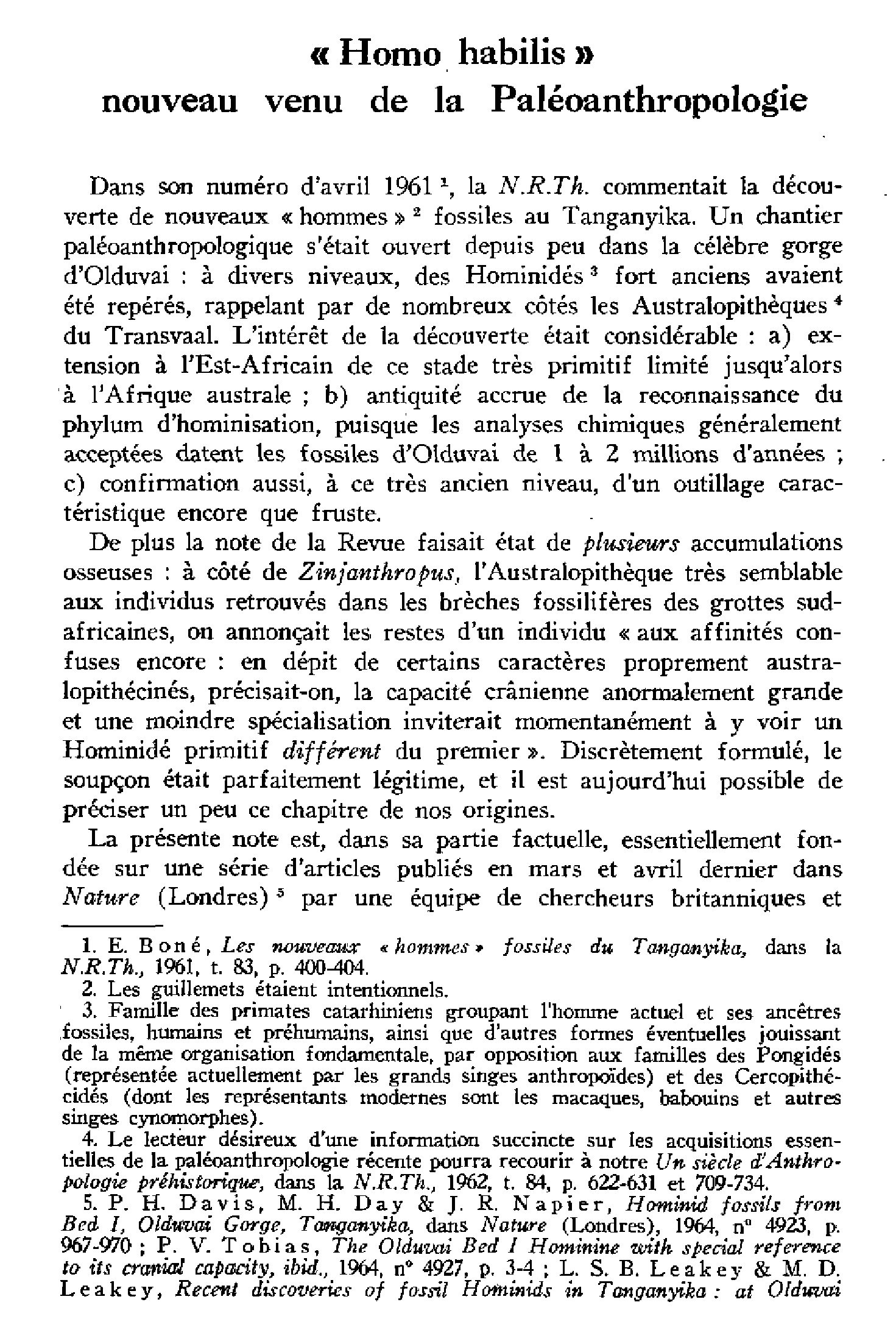 «Homo habilis» nouveau venu de la Paléanthropologie