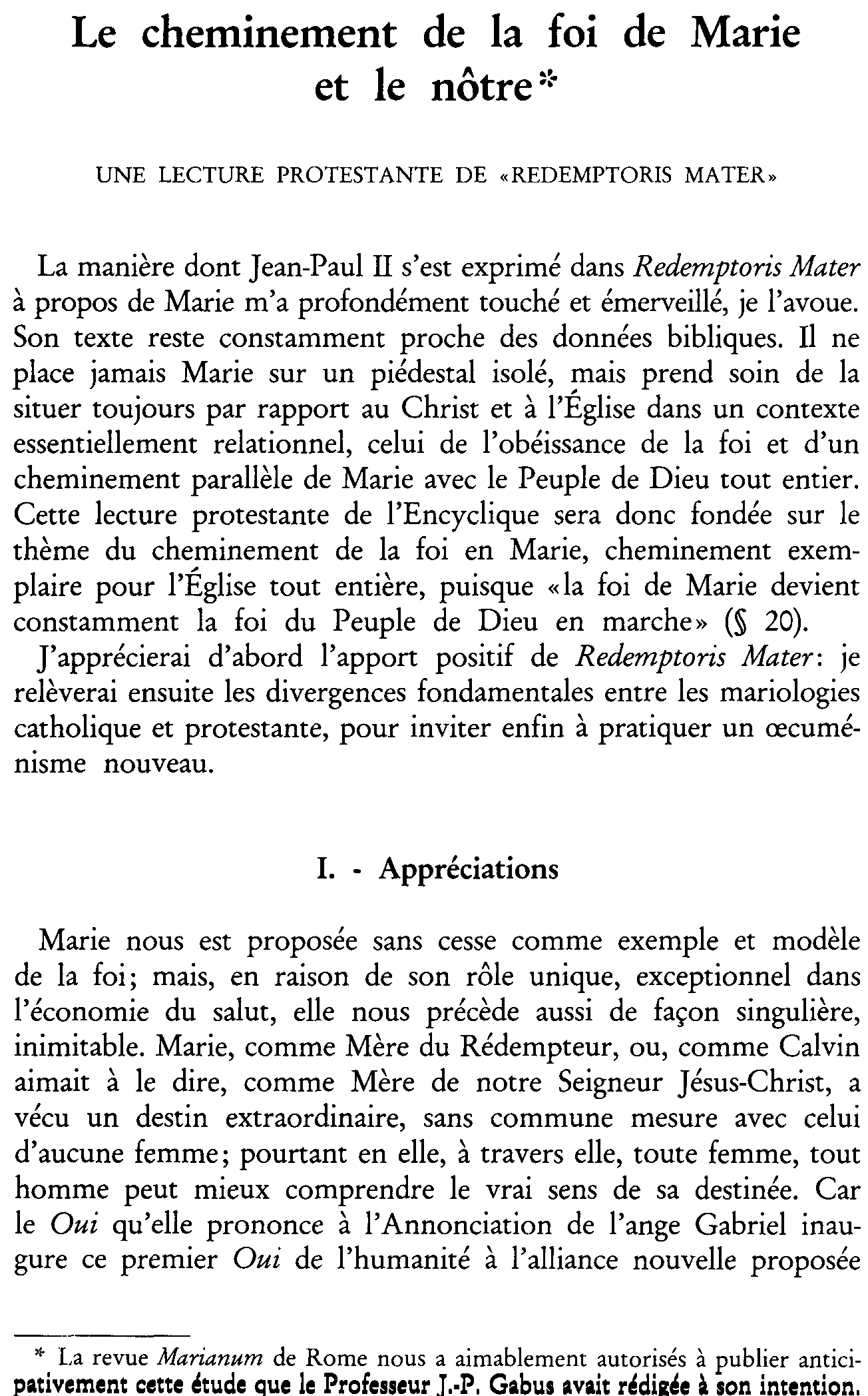 Le cheminement de la foi de Marie et le nôtre. Une lecture protestante de Redemptoris Mater