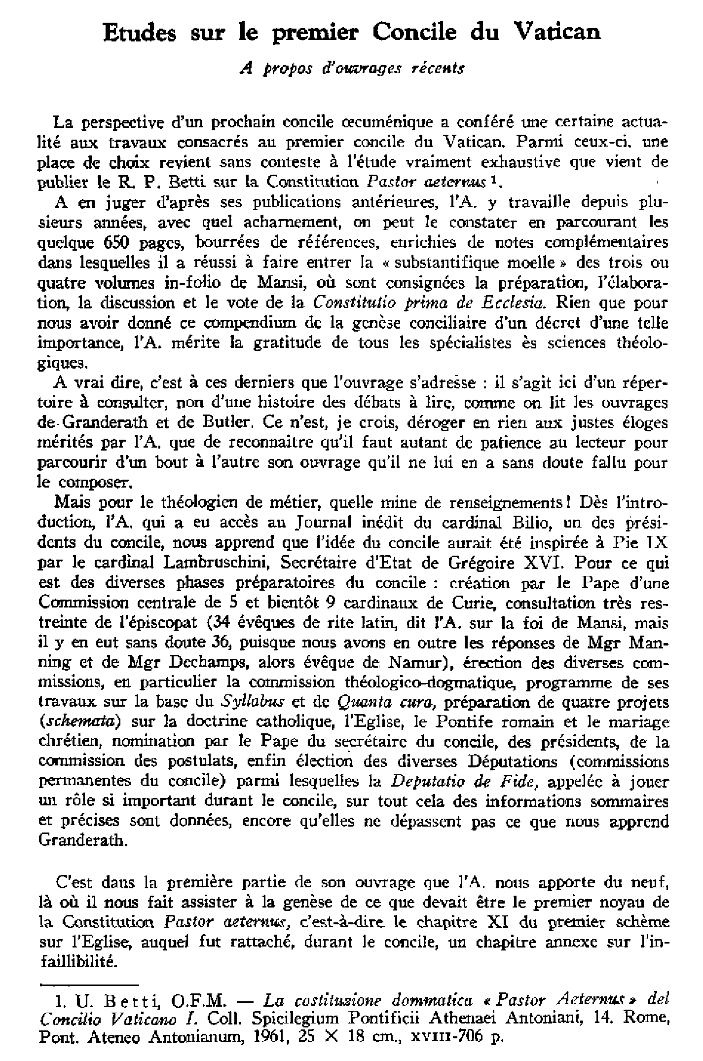 Étude sur le premier Concile du Vatican. À propos d'ouvrages récents