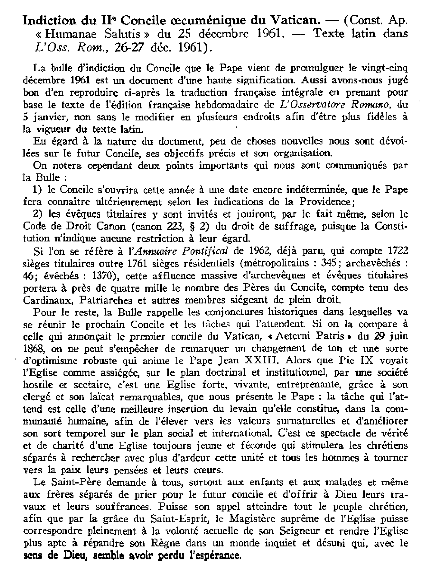 Indiction du IIe Concile oecuménique du Vatican