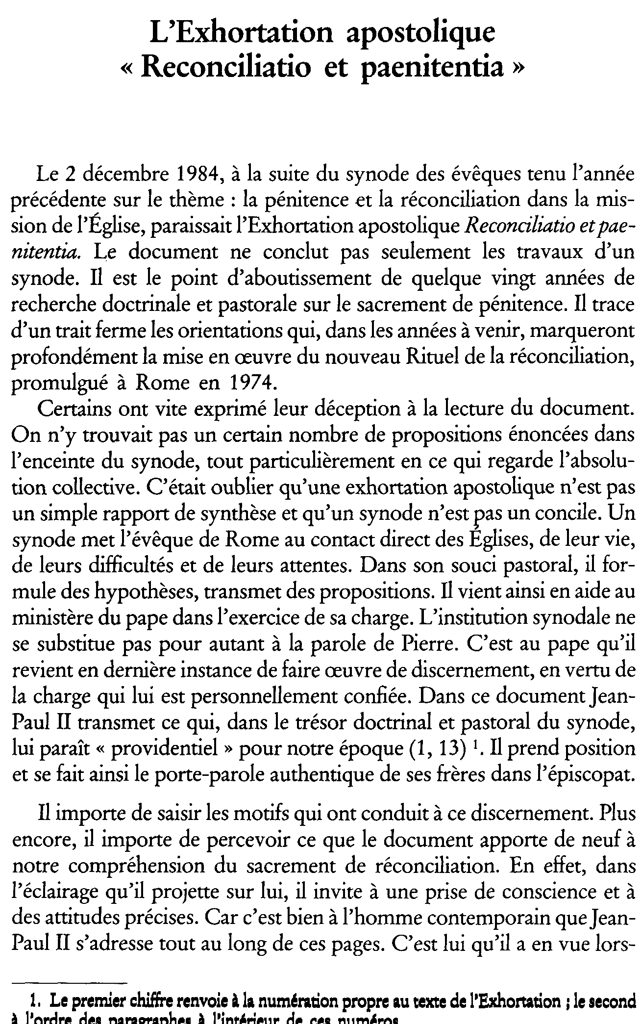 L'Exhortation apostolique Reconciliatio et paenitentia