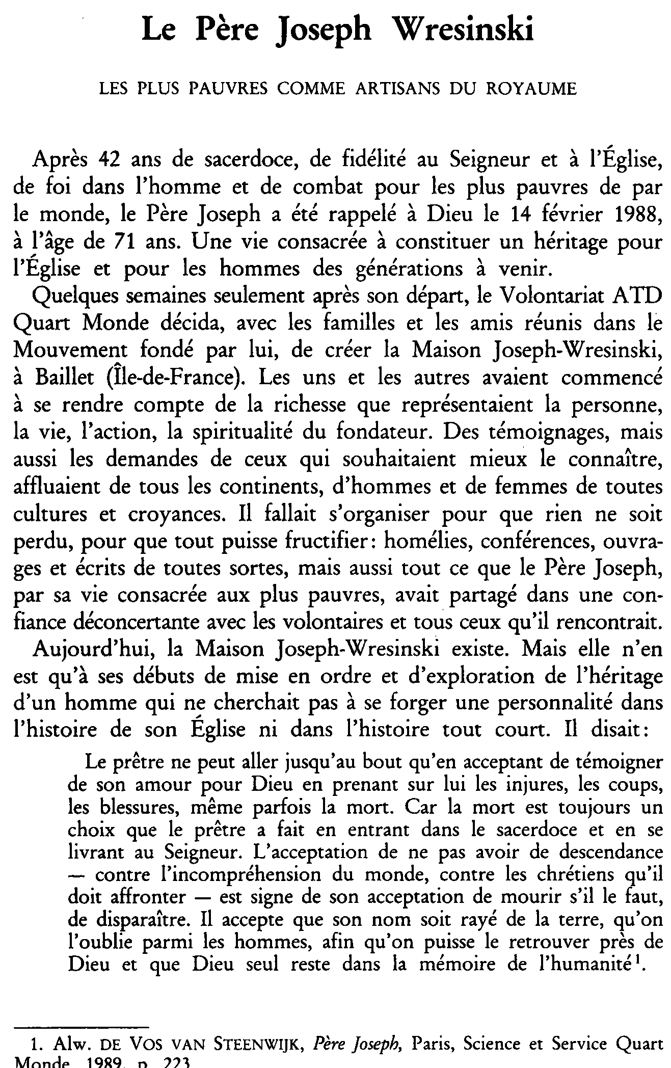 Le Père Joseph Wresinski. Les plus pauvres comme artisans du Royaume