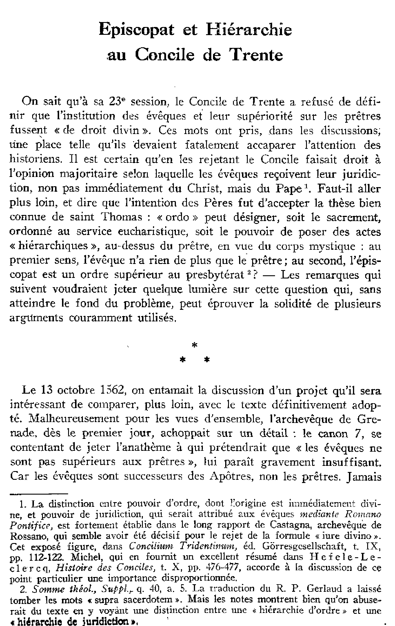 Épiscopat et Hiérarchie au Concile de Trente