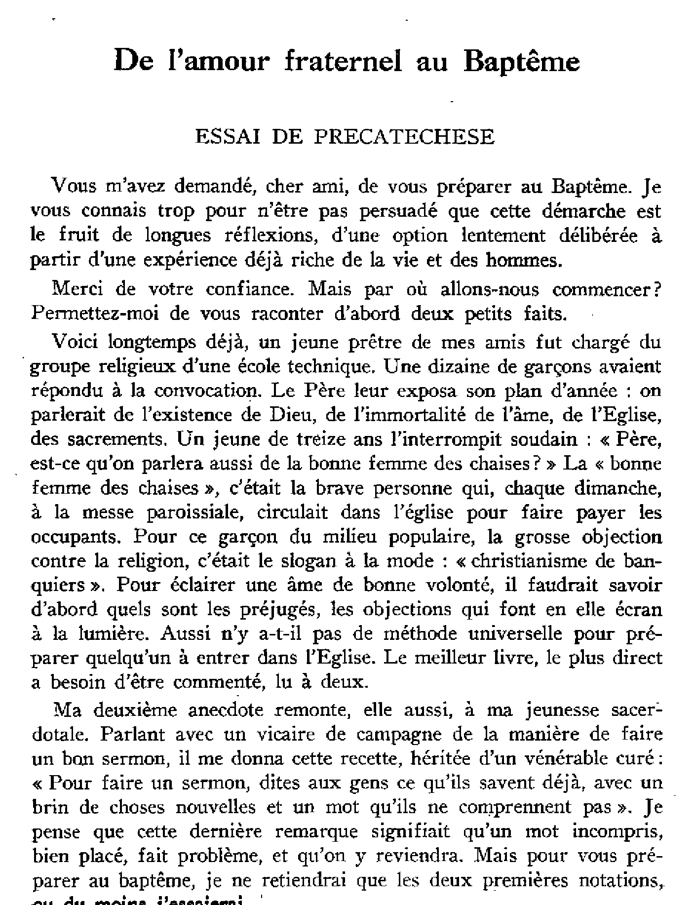 De l'amour fraternel au Baptême. Essai de précatéchèse