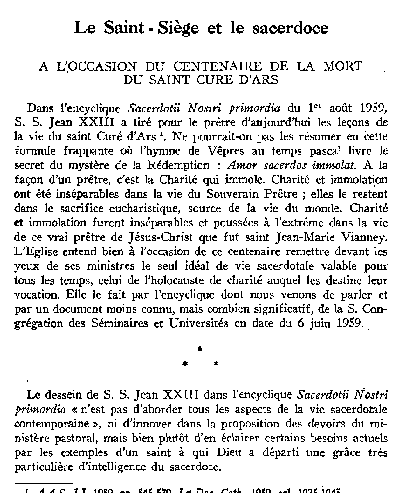 Le Saint-Siège et le sacerdoce. À l'occasion du centenaire de la mort du Saint Curé d'Ars