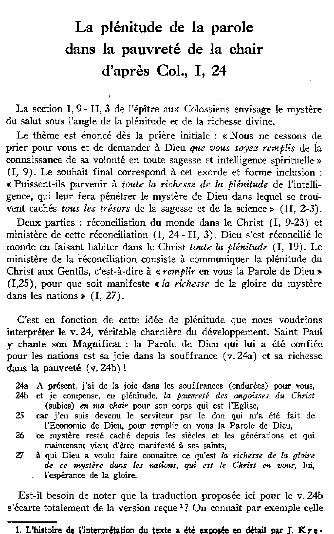 La plénitude de la parole dans la pauvreté de la chair d'après Colossiens 1,24