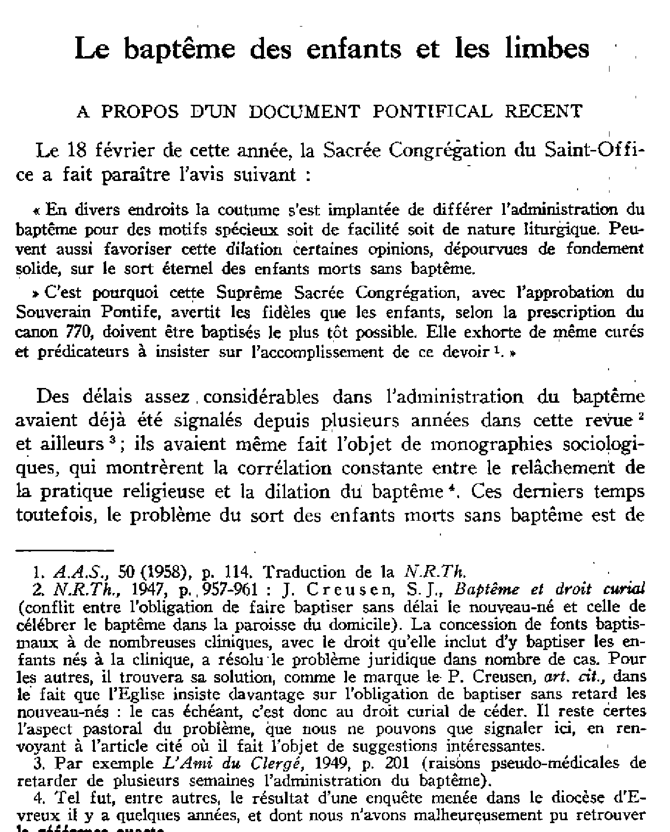 Le baptême des enfants et les limbes. À propos d'un document pontifical récent