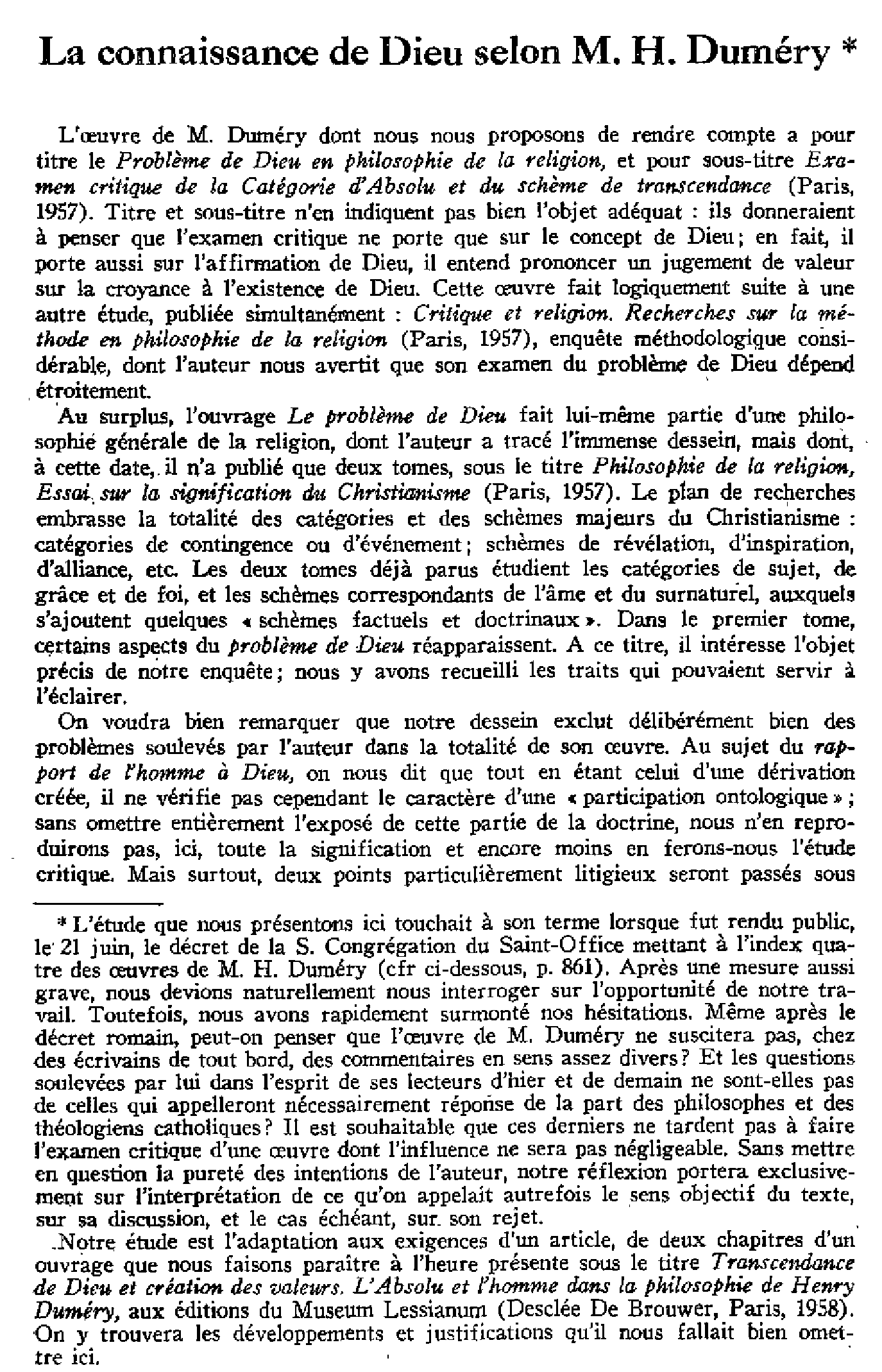 La connaissance de Dieu selon M.H. Duméry