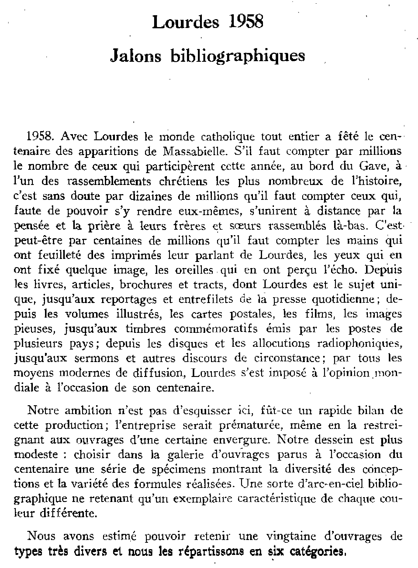 Lourdes 1958. Jalons bibliographiques