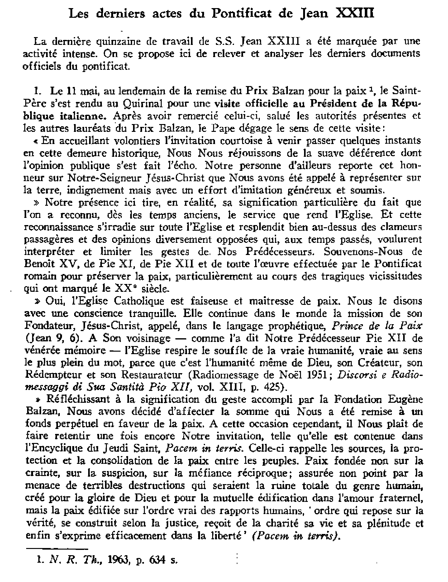 Les derniers actes du Pontificat de Jean XXIII