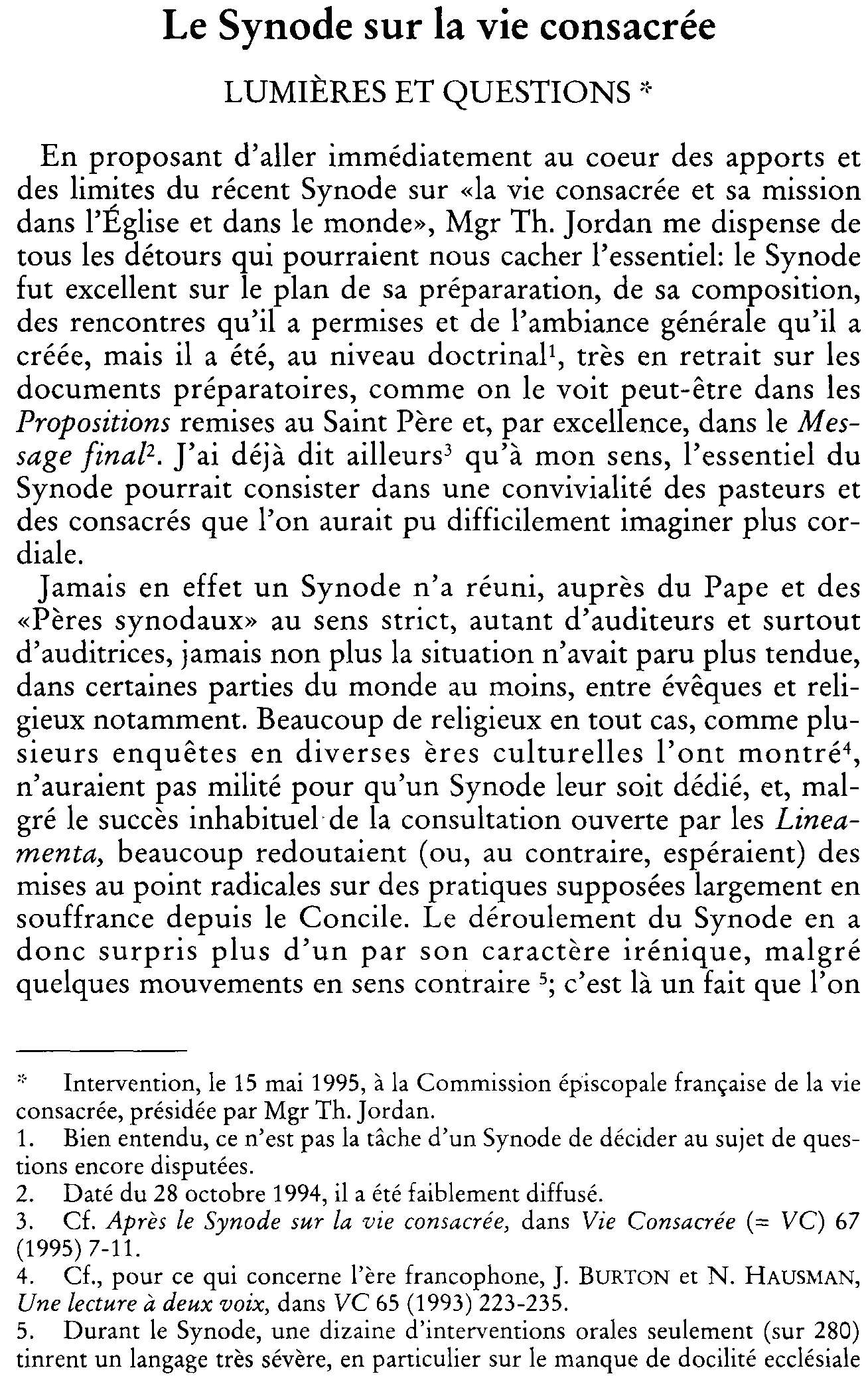Le Synode sur la vie consacrée. Lumières et questions