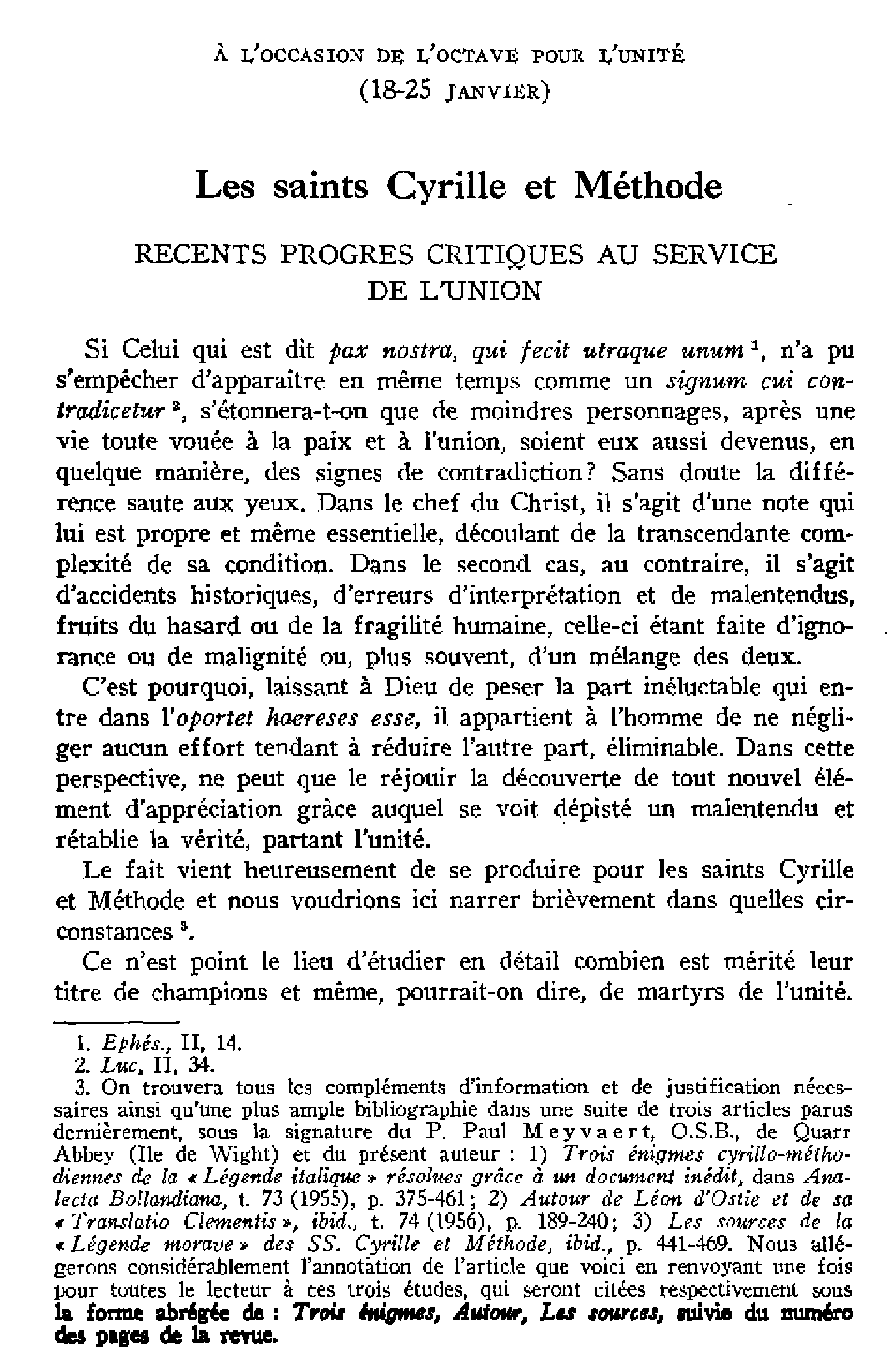 Les saints Cyrille et Méthode. Récents progrès critiques au service de l'Union