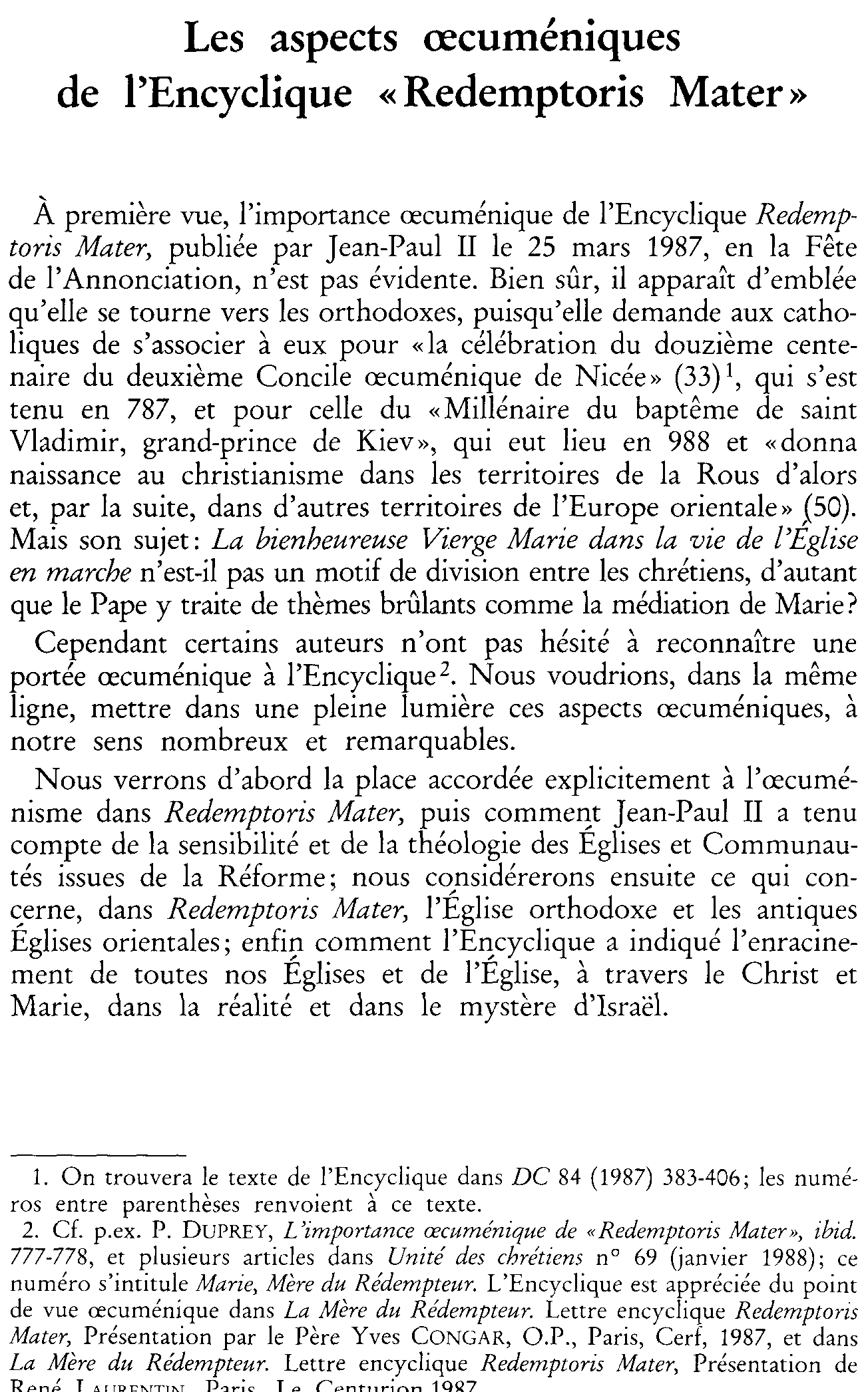 Les aspects Oecuméniques de l'Encyclique Redemptoris Mater (à suivre)