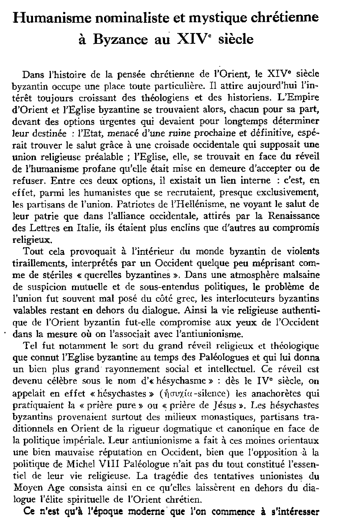 Humanisme nominaliste et mystique chrétienne à Byzance au XIVe siècle