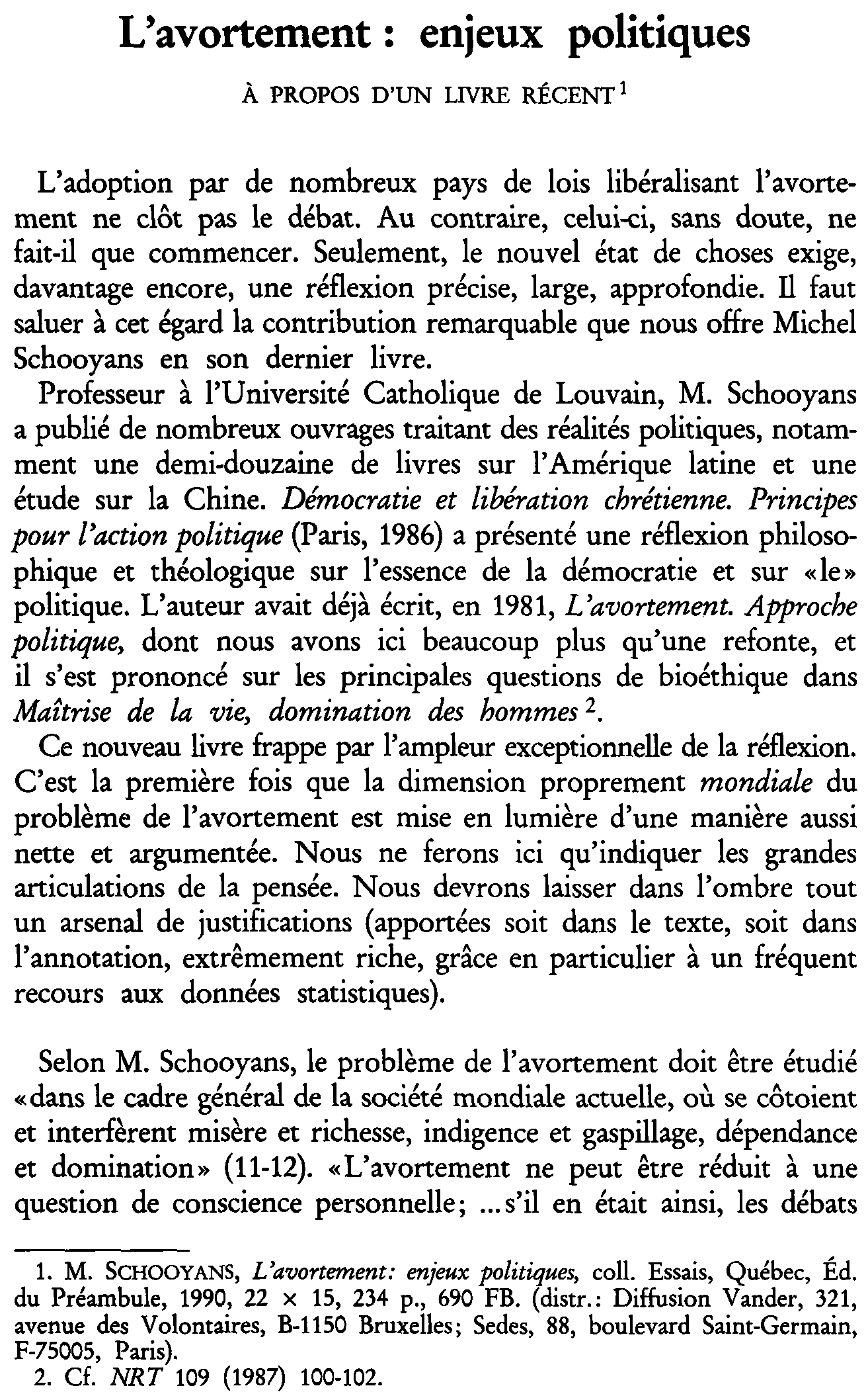L'avortement: enjeux politiques. À propos d'un livre récent