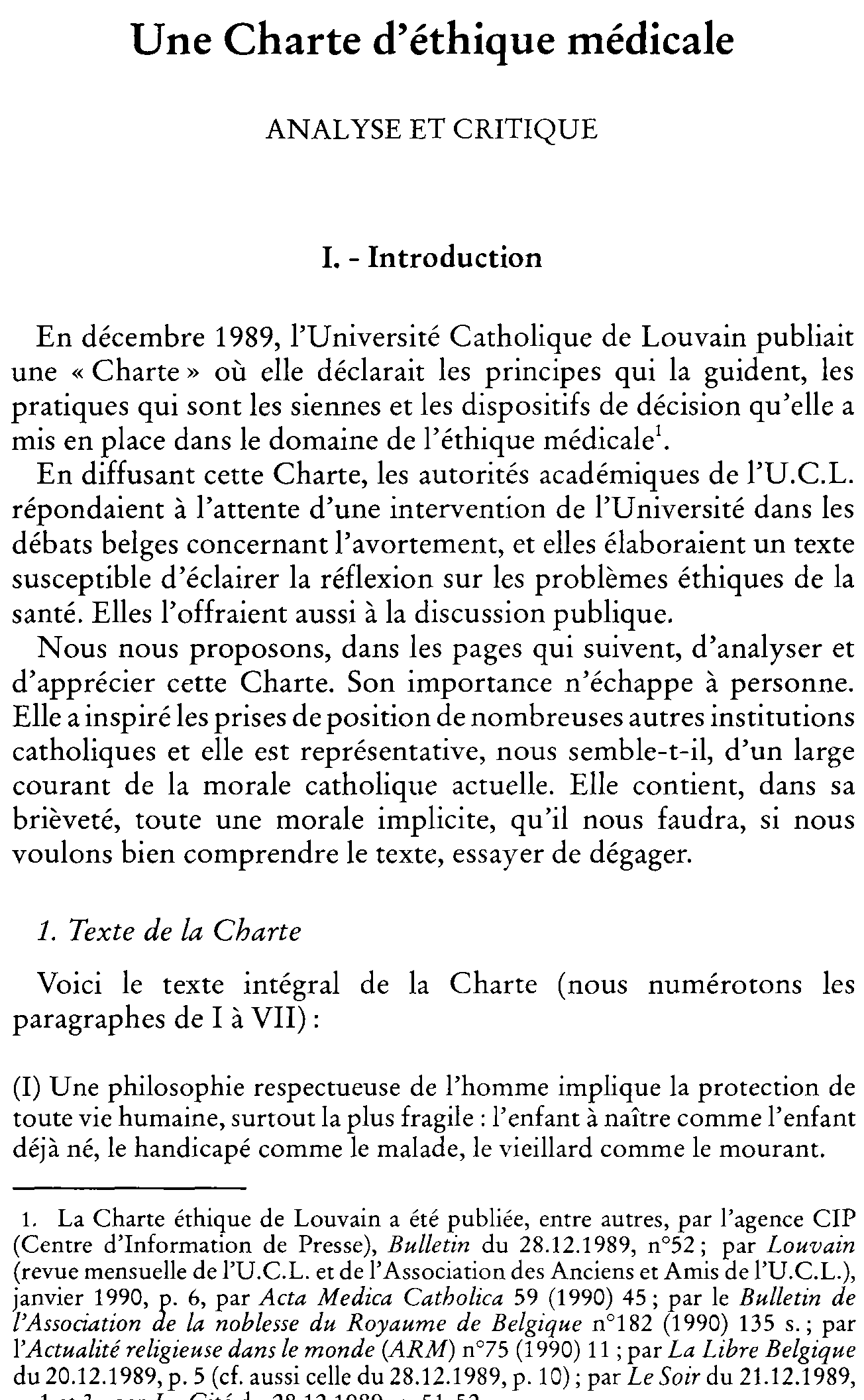 Une Charte d'éthique médicale. Analyse et critique