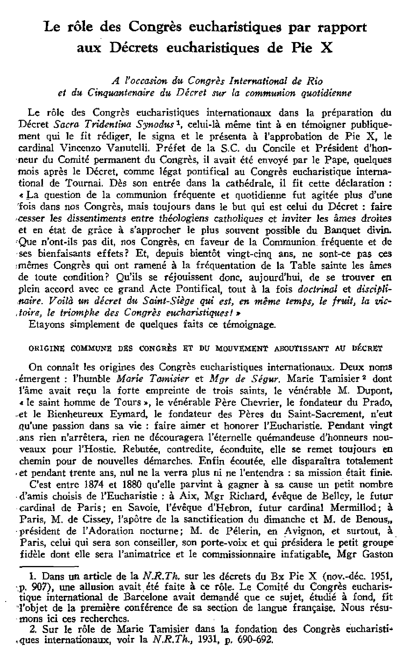 Le rôle des Congrès eucharistiques par rapport aux Décrets eucharistiques de Pie X