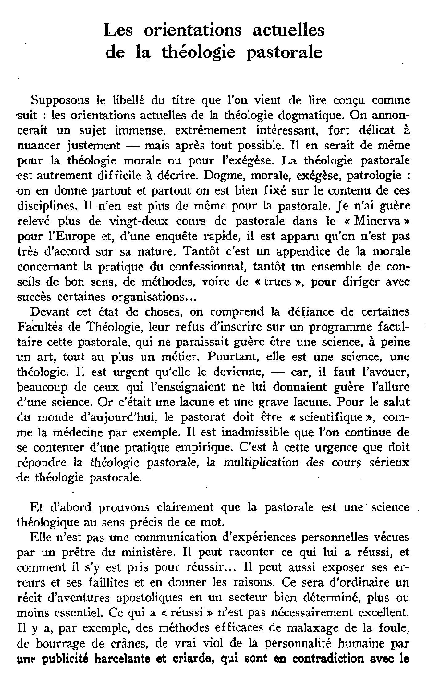 Les orientations actuelles de la théologie pastorale