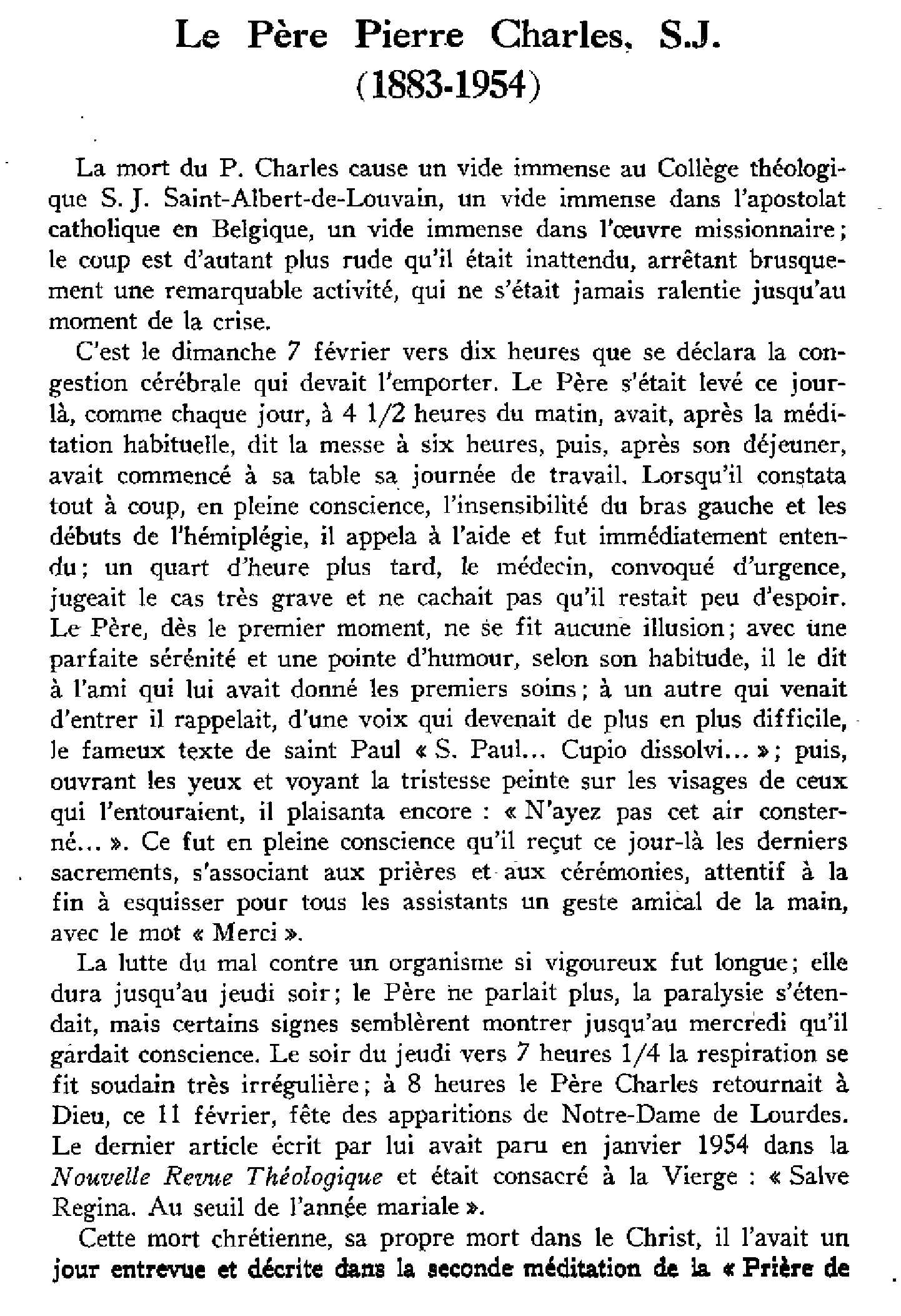 In memoriam. Le Père Pierre Charles, s.j. (1883-1954)