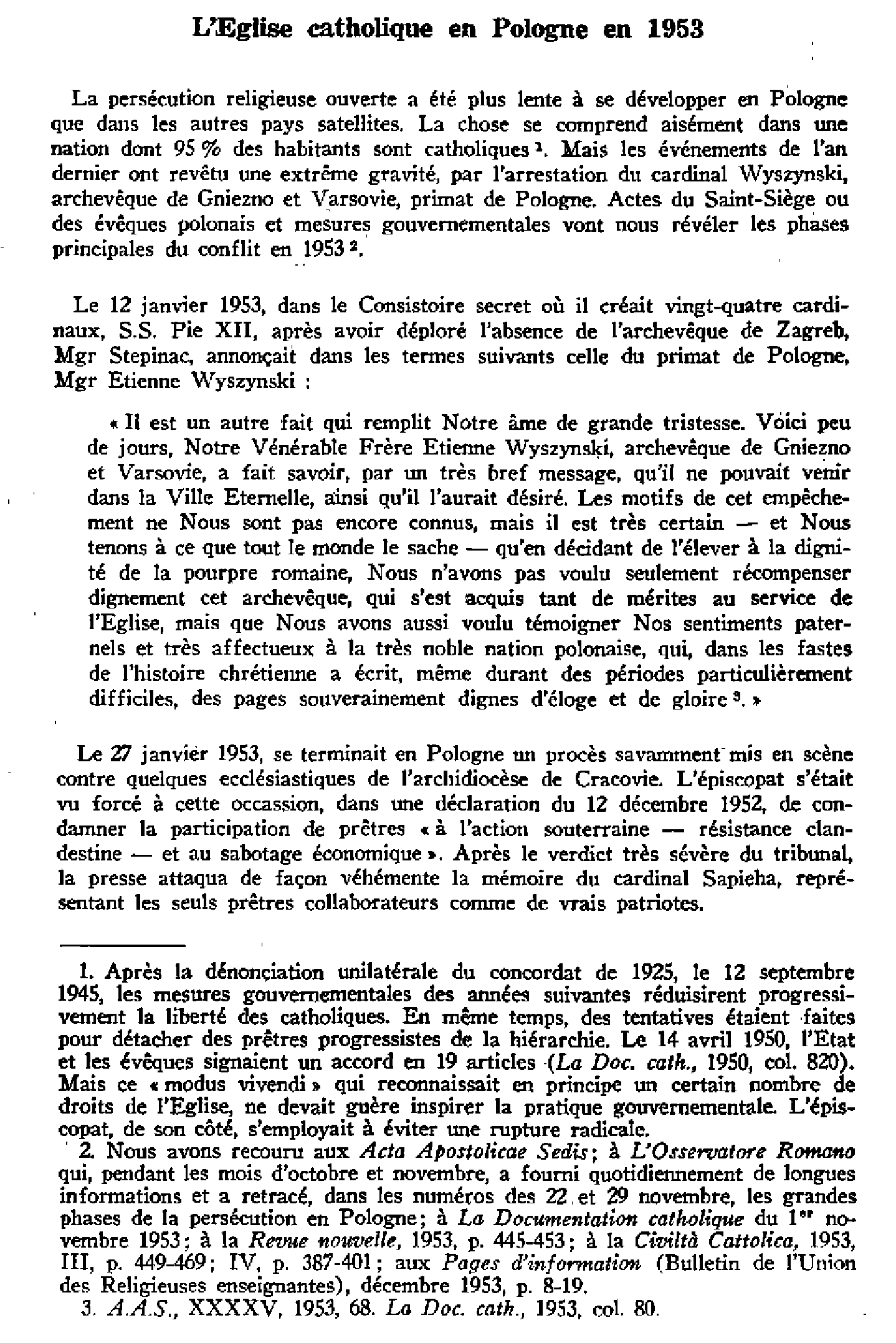 L'Église catholique en Pologne en 1953