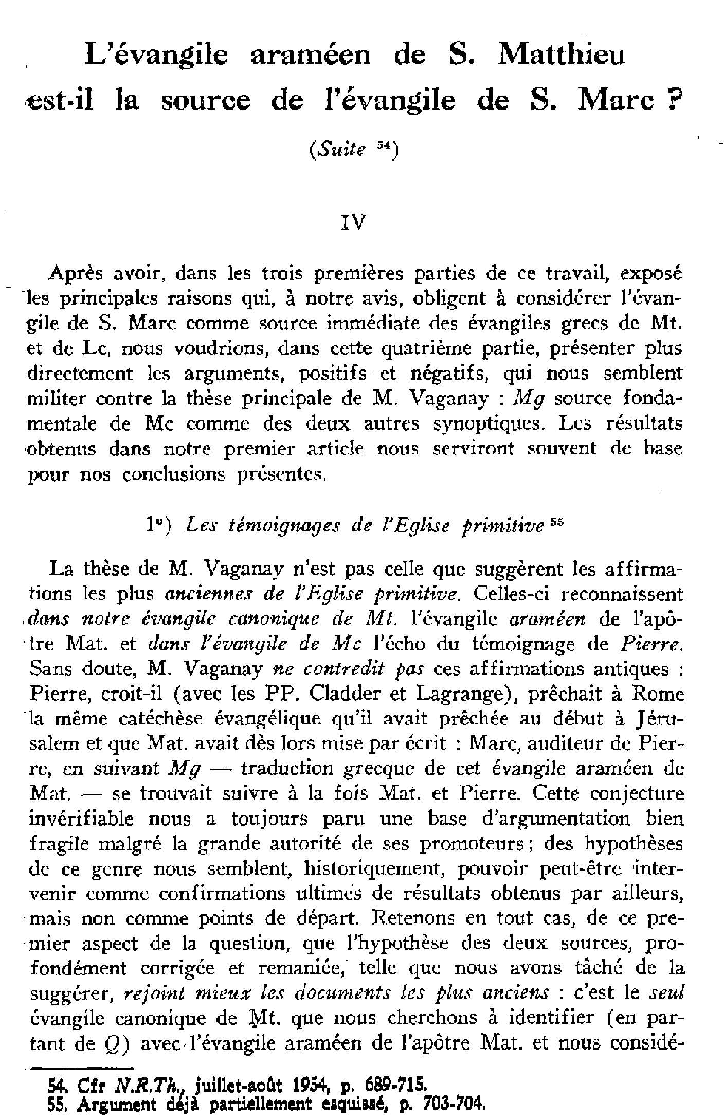 L'évangile araméen de S. Matthieu est-il la source de l'évangile de S. Marc ? II