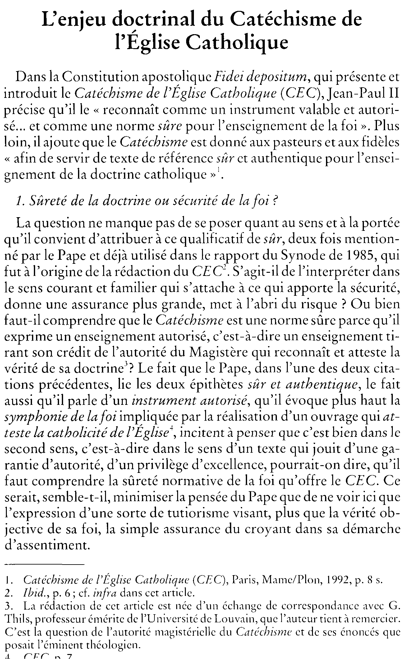L'enjeu doctrinal du Catéchisme de l'Église Catholique