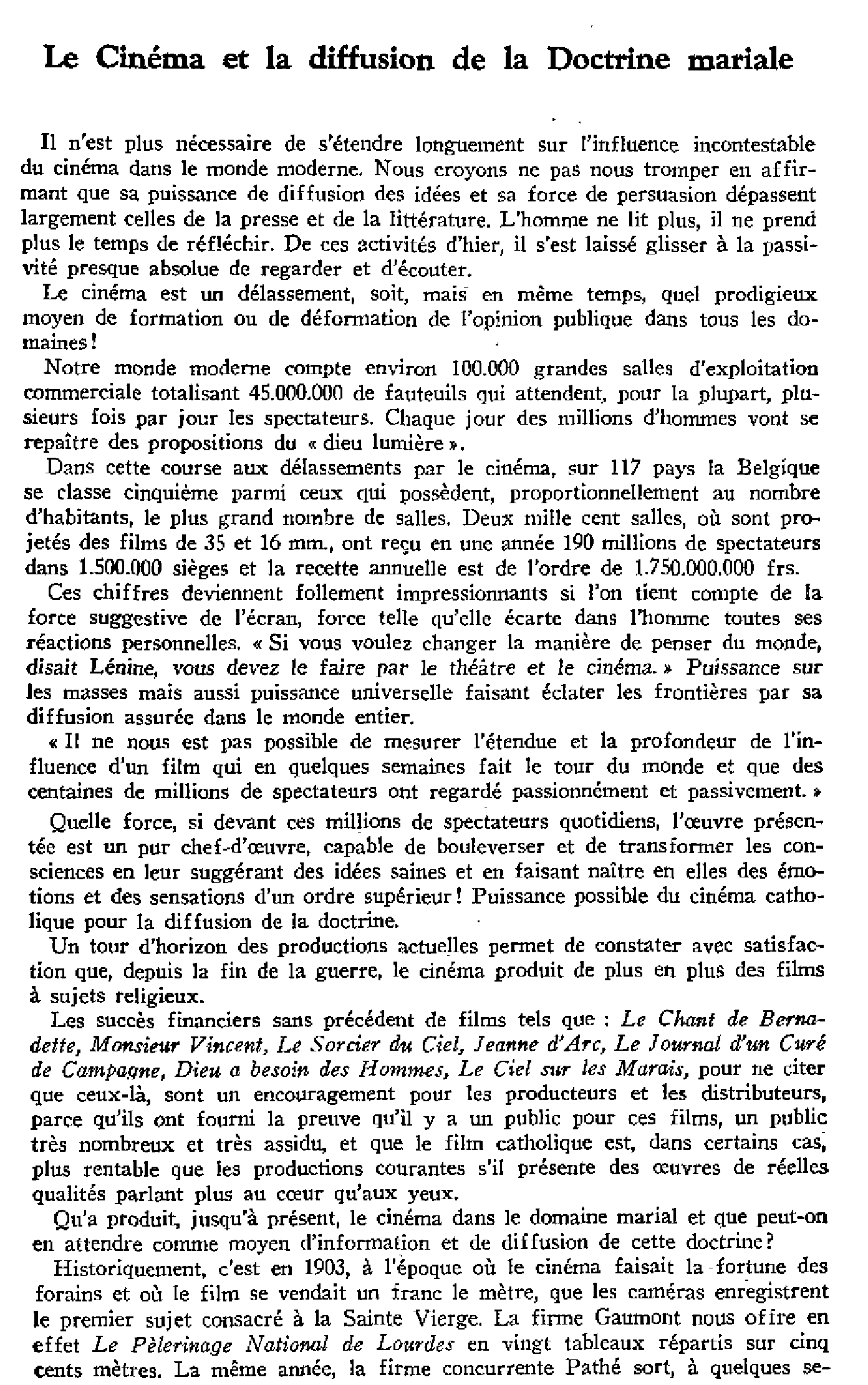 Le Cinéma et la diffusion de la Doctrine mariale